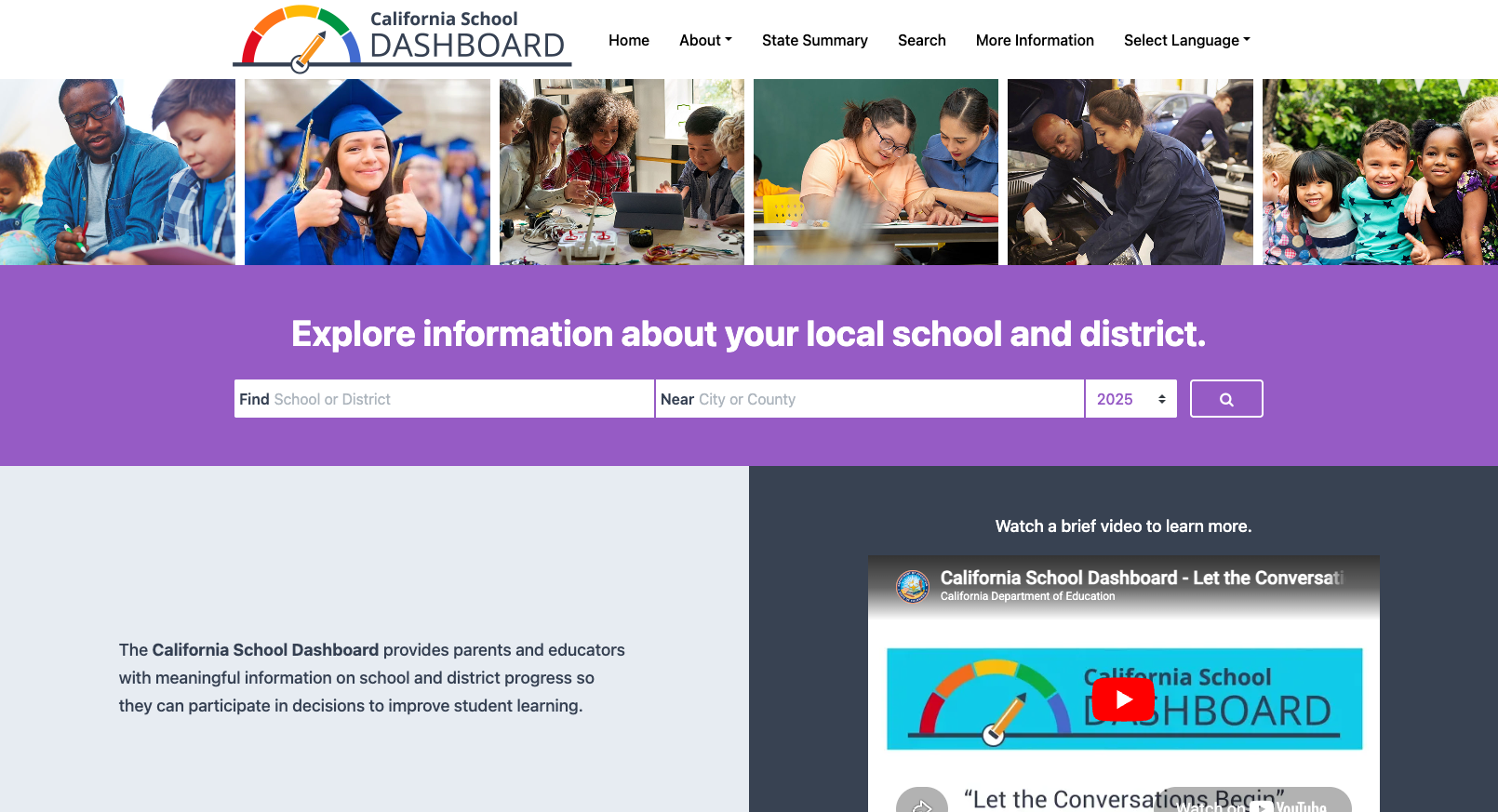 California School Dashboard with school/district search, year filter, and explainer video
