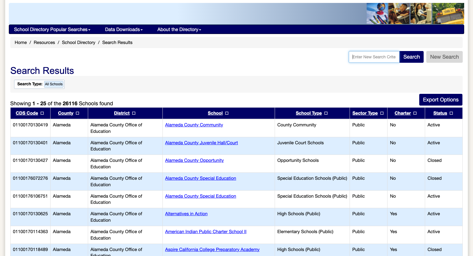 School Directory showing 26,116 schools with sortable columns and export options