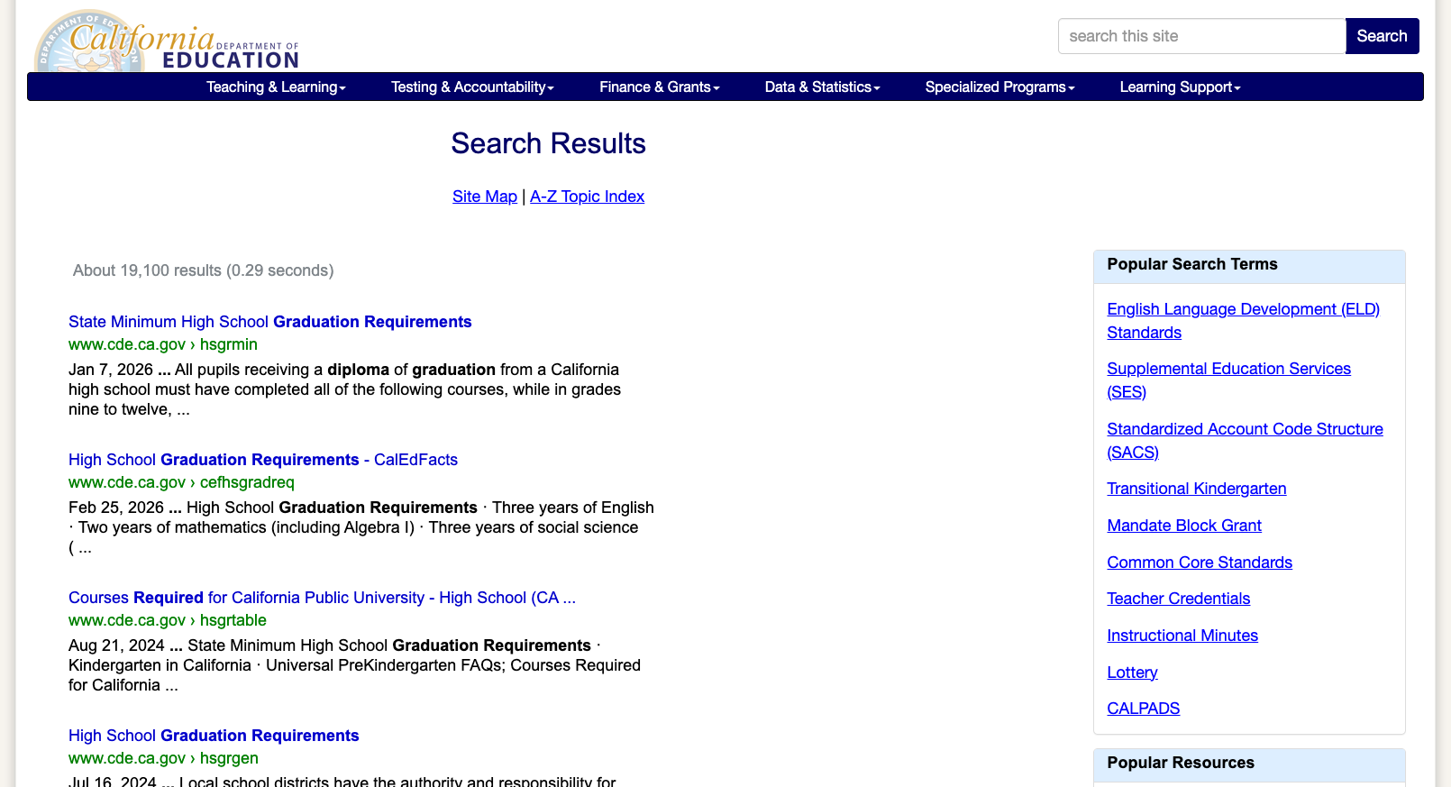 Search results for "graduation requirements" with Popular Search Terms sidebar