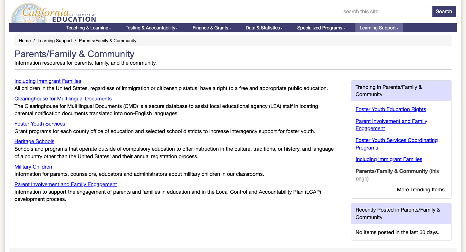 Parent resources page showing a sparse list with no recent content