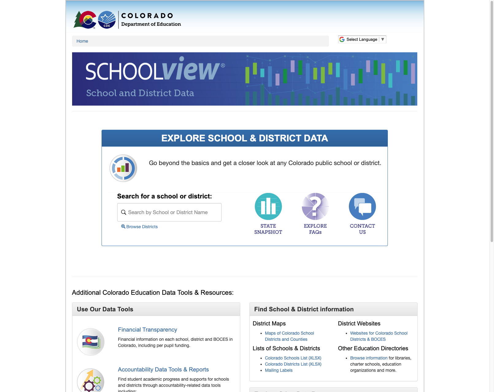Screenshot: SchoolView data portal with search and district browsing
