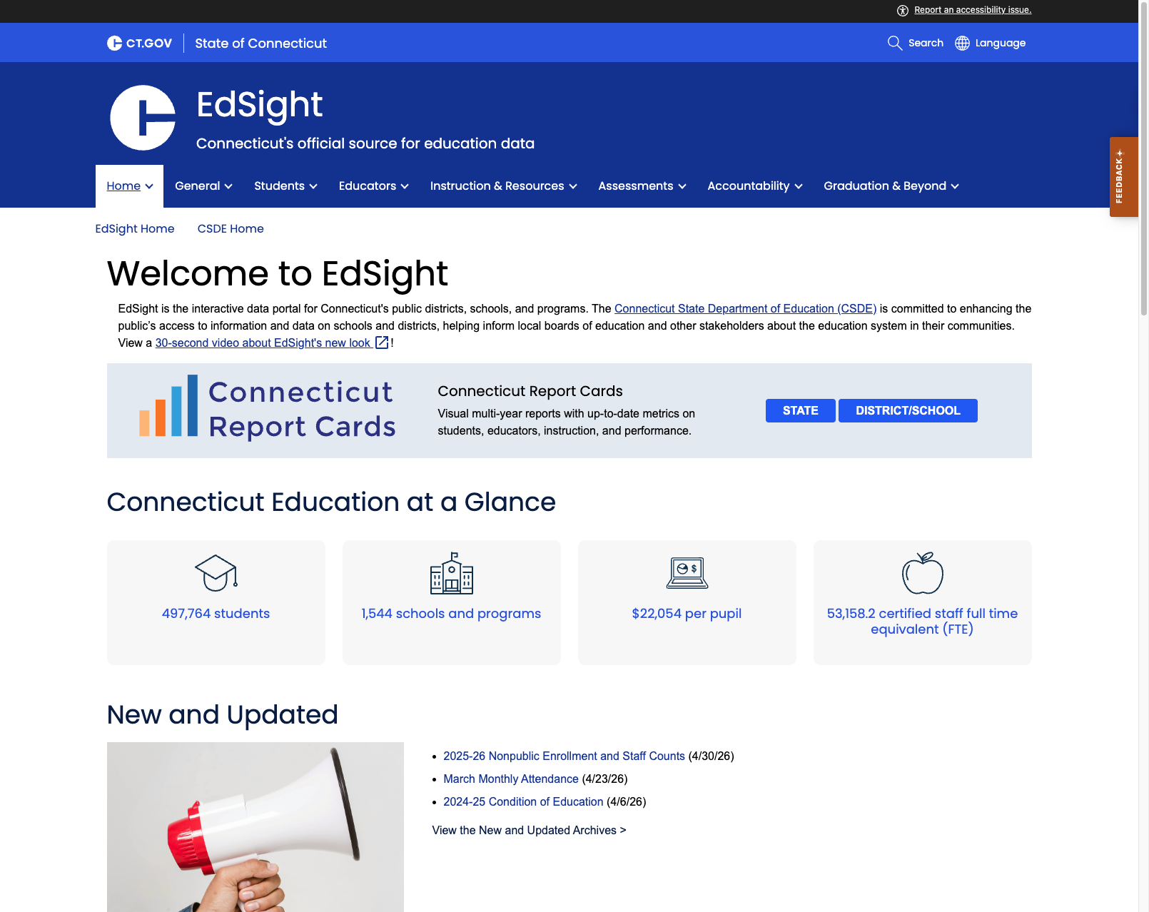 Screenshot: EdSight data portal homepage with Report Cards, at-a-glance stats, and organized navigation