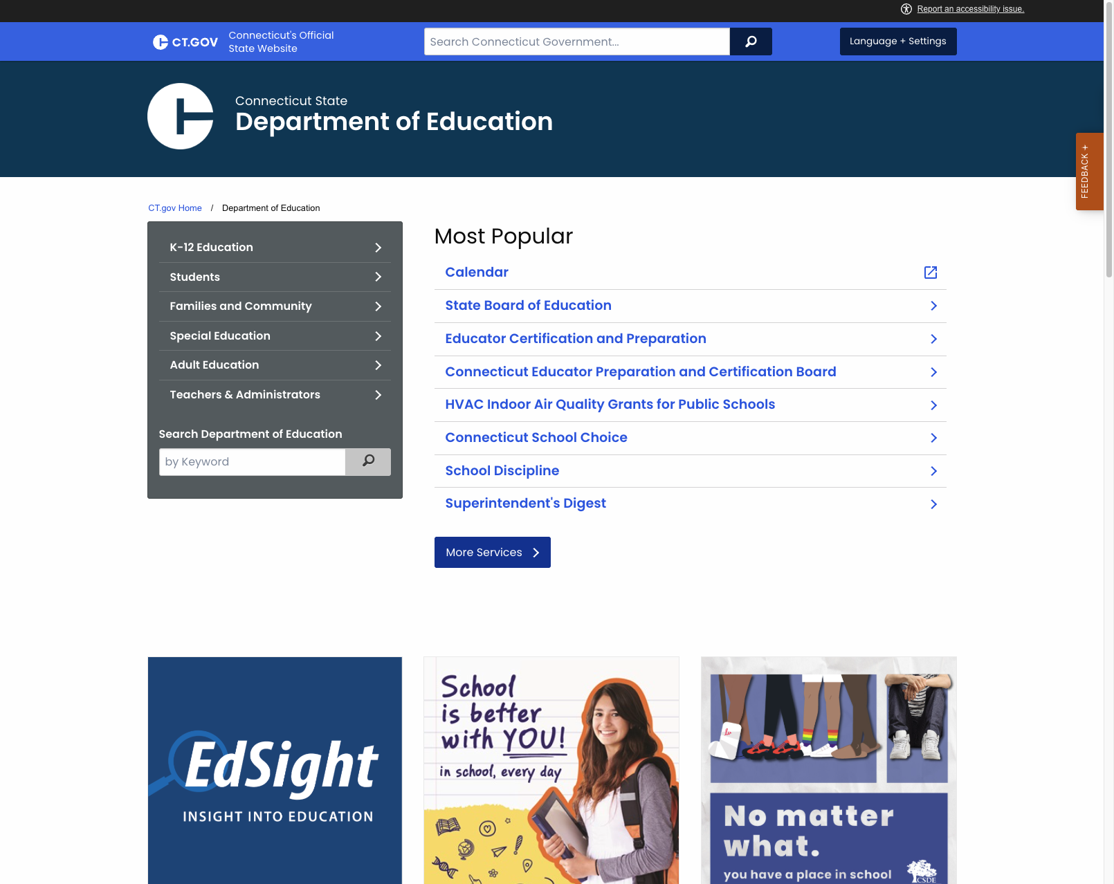 Screenshot: CT.gov platform features including accessibility reporting, Language+Settings, search, and clean navigation structure
