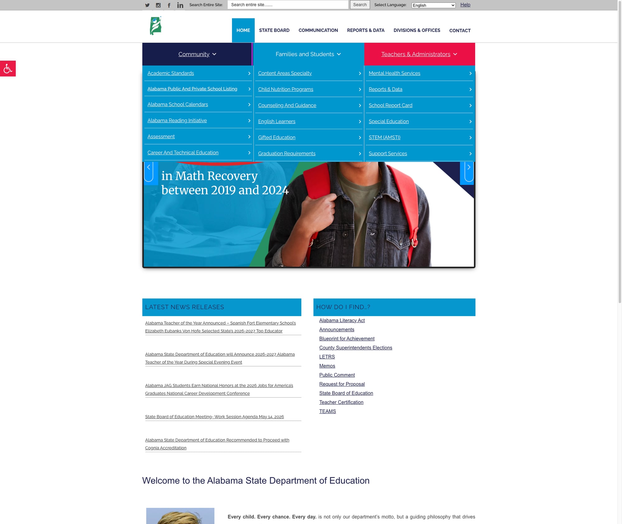 Screenshot: Families and Students mega menu showing rich link structure