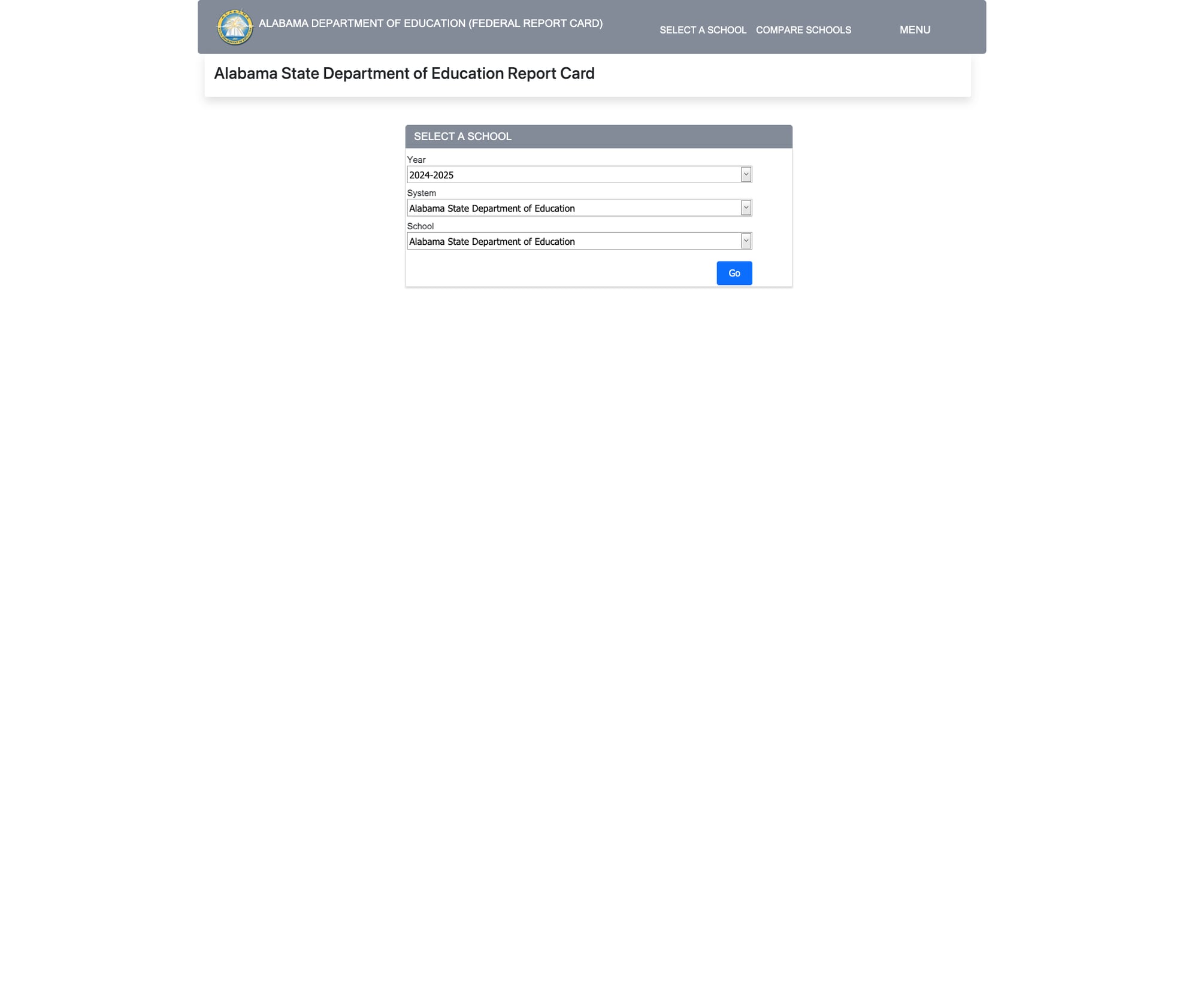 Screenshot: Alabama School Report Card tool showing school selection interface with 2024-2025 data