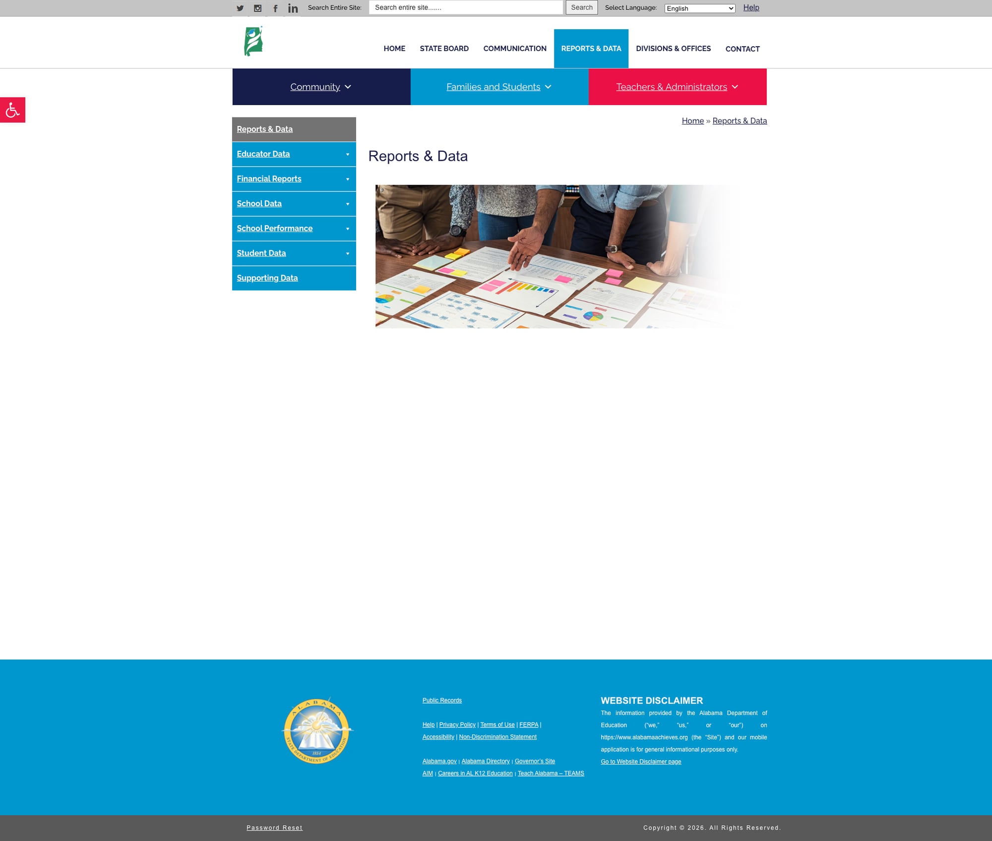 Screenshot: Reports & Data page showing empty content area with only sidebar navigation