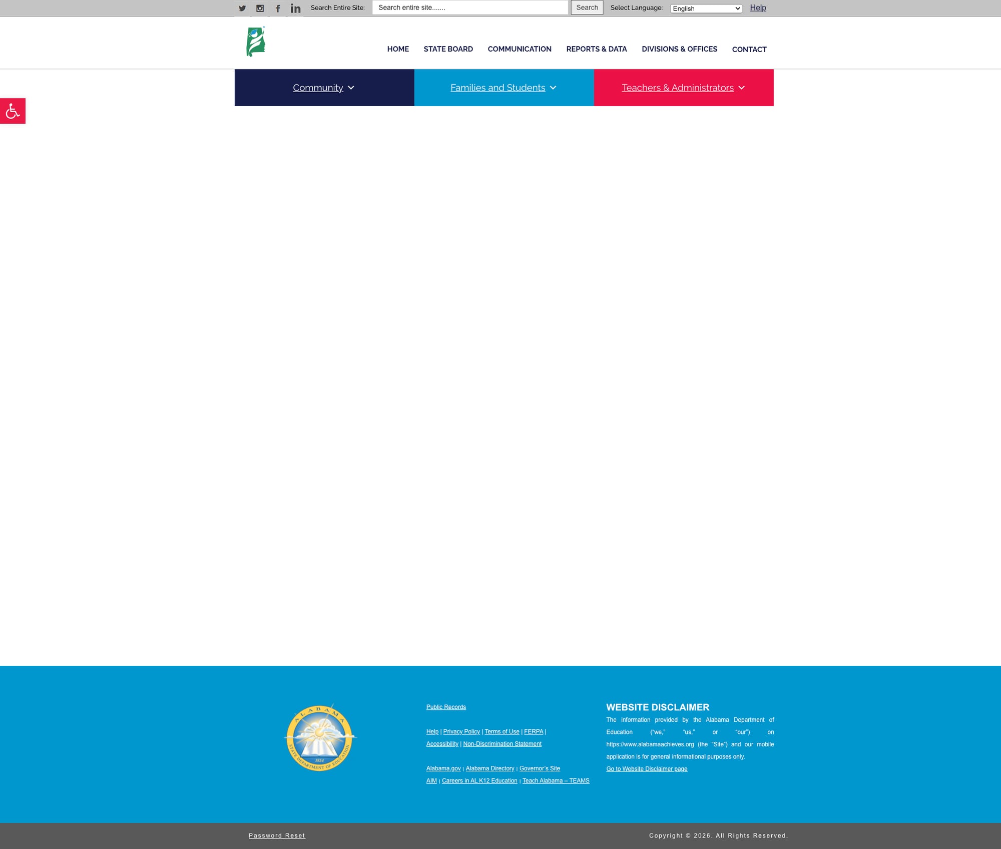 Screenshot: Families and Students landing page showing completely empty content area