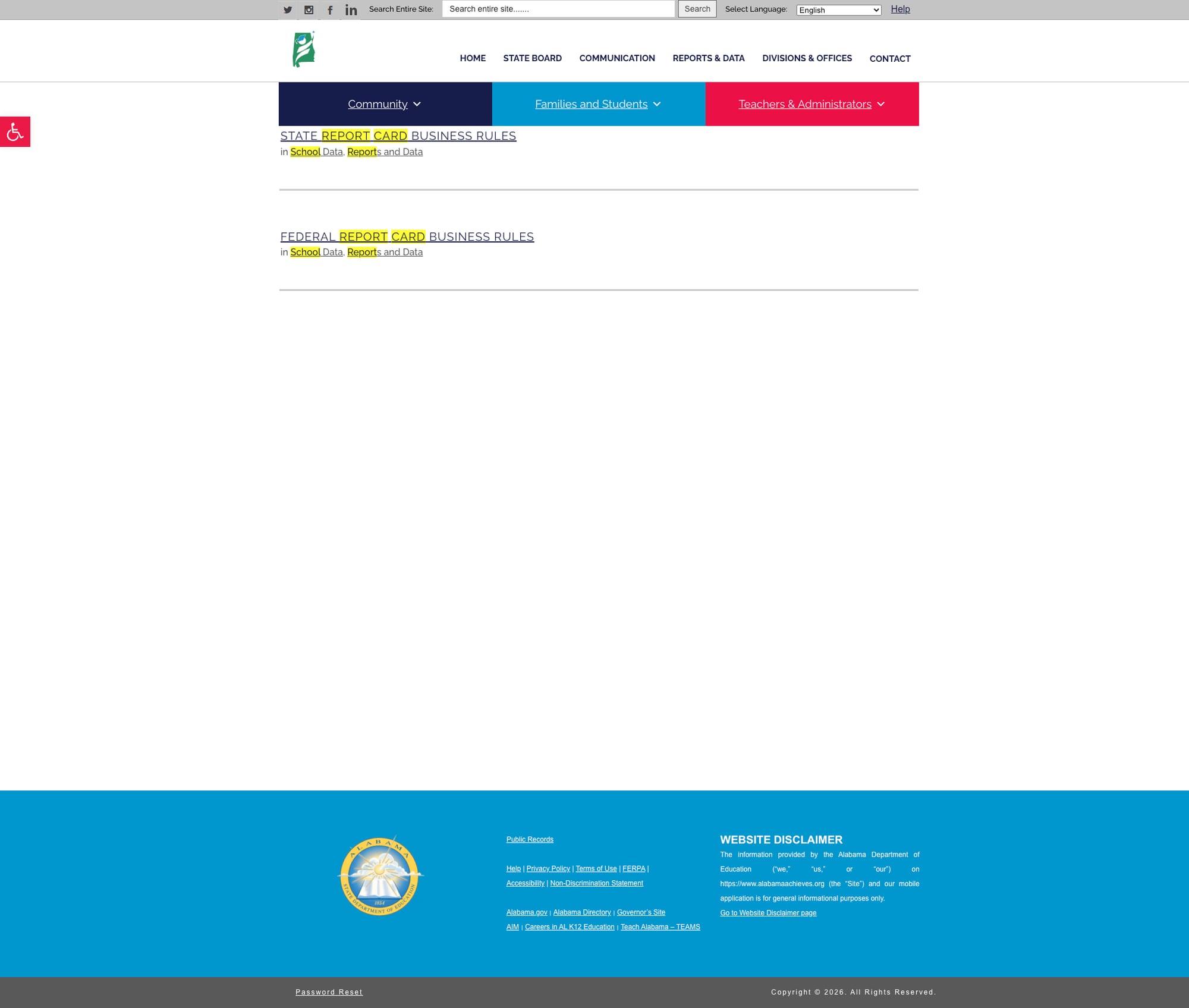 Screenshot: Search results for "school report card" returning only 2 technical documents