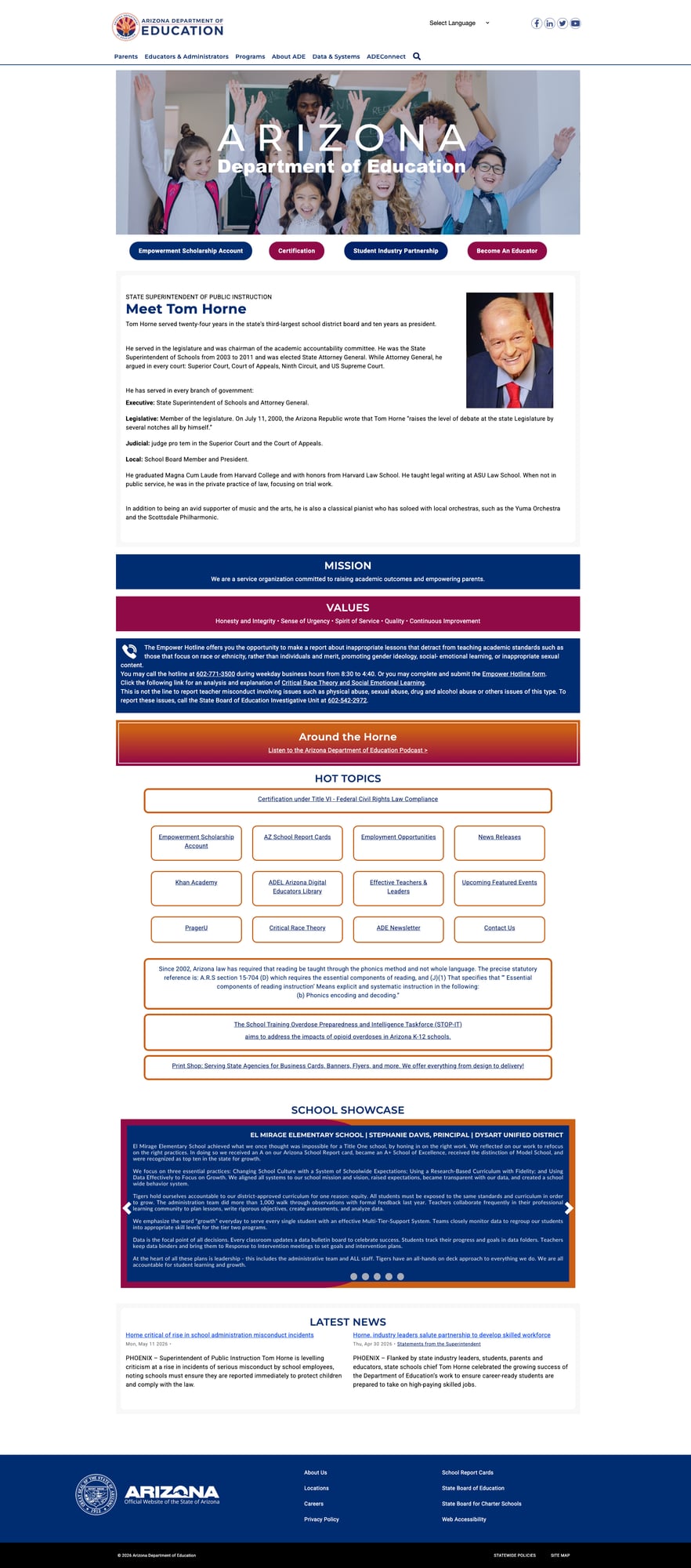 Screenshot: Arizona Department of Education Homepage