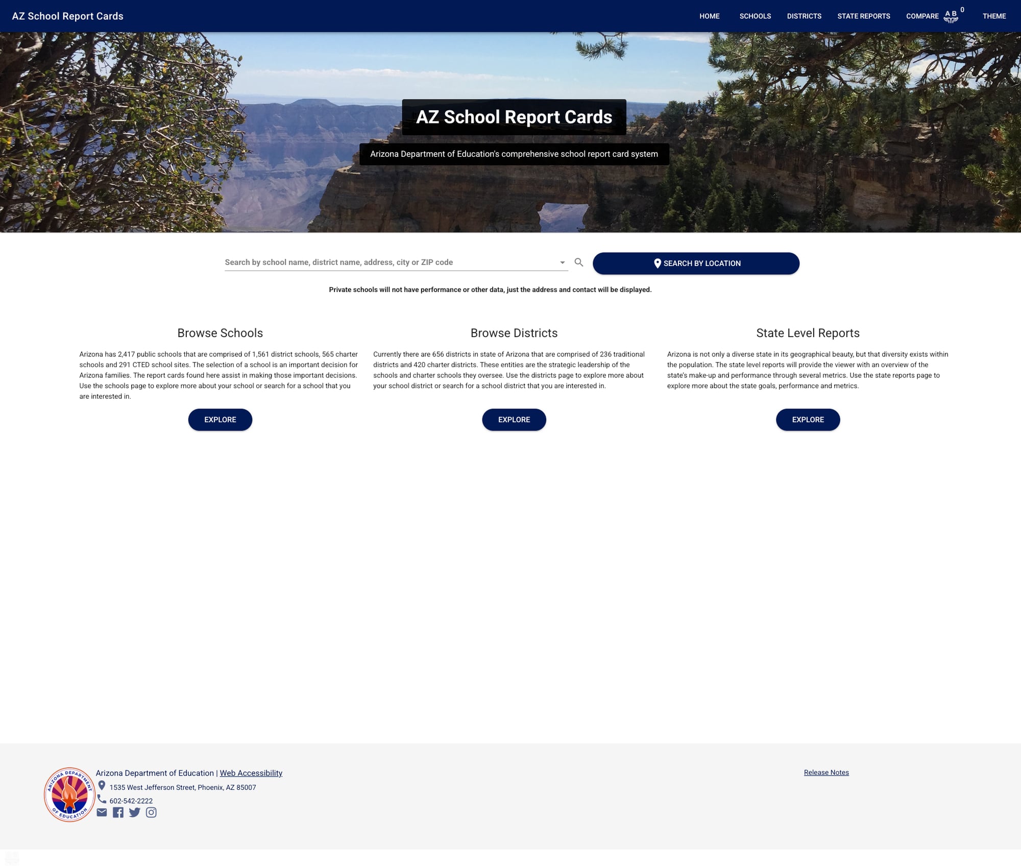 Screenshot: AZ School Report Cards with school/district/state browse options
