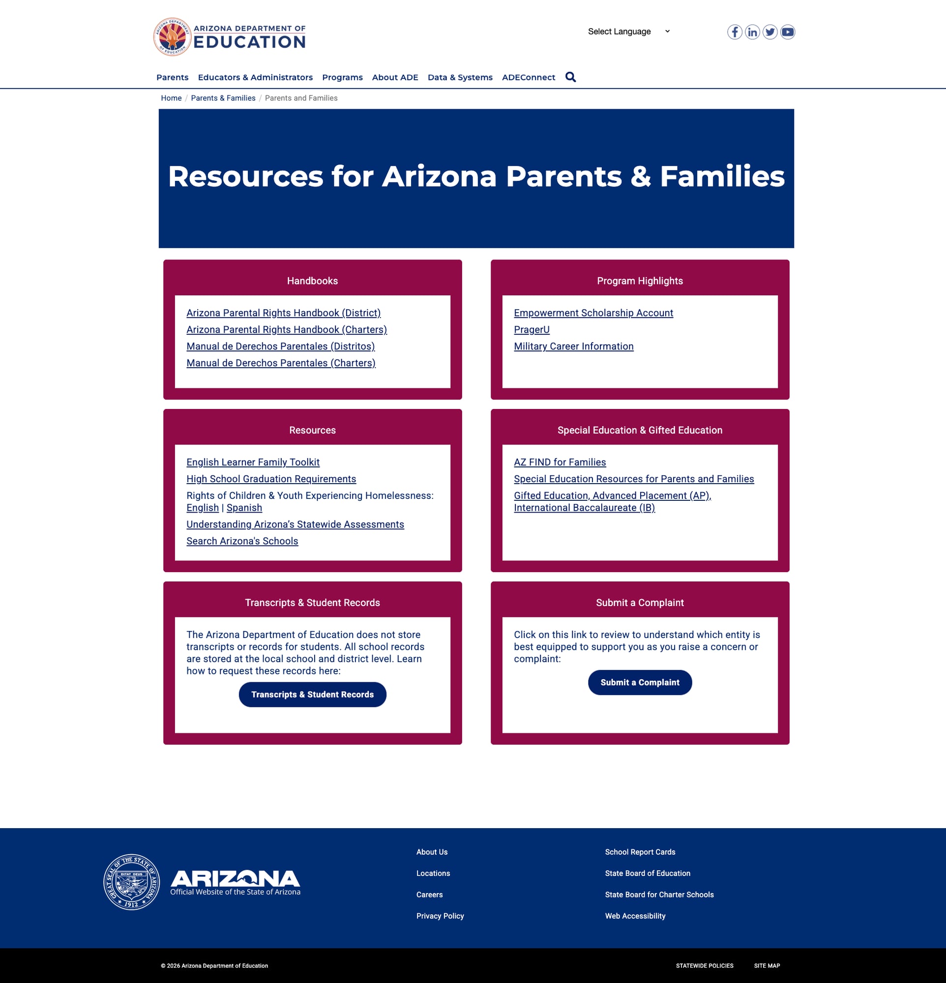 Screenshot: Parents & Families resource page with organized card layout
