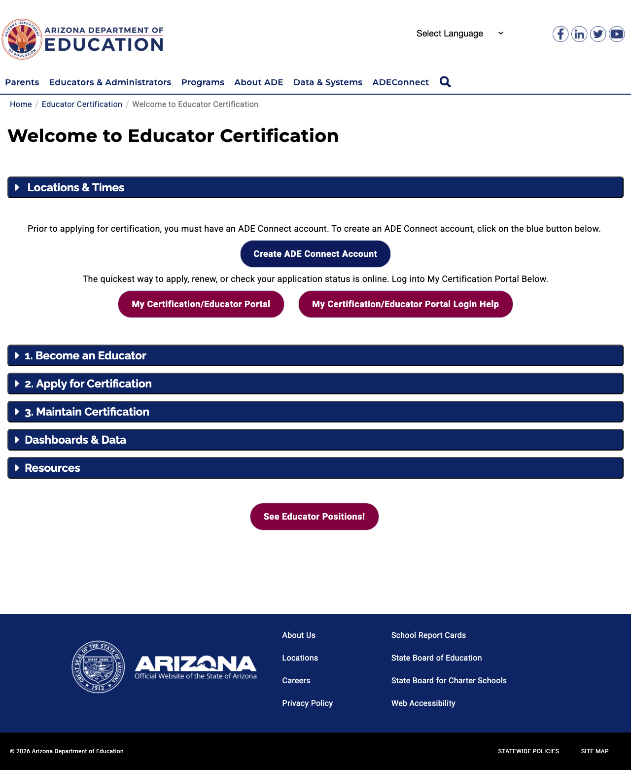 Screenshot: Educator Certification page with accordion sections