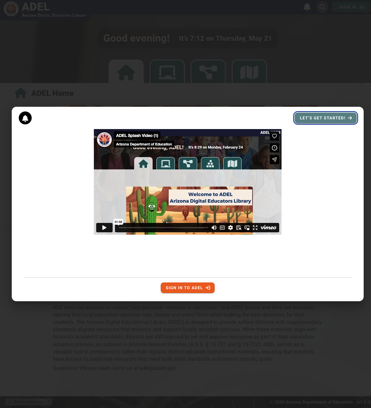 Screenshot: ADEL Arizona Digital Educators Library with modern interface