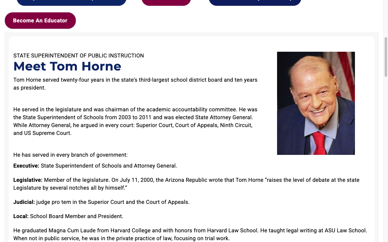 Screenshot: Superintendent biography consuming homepage prime real estate