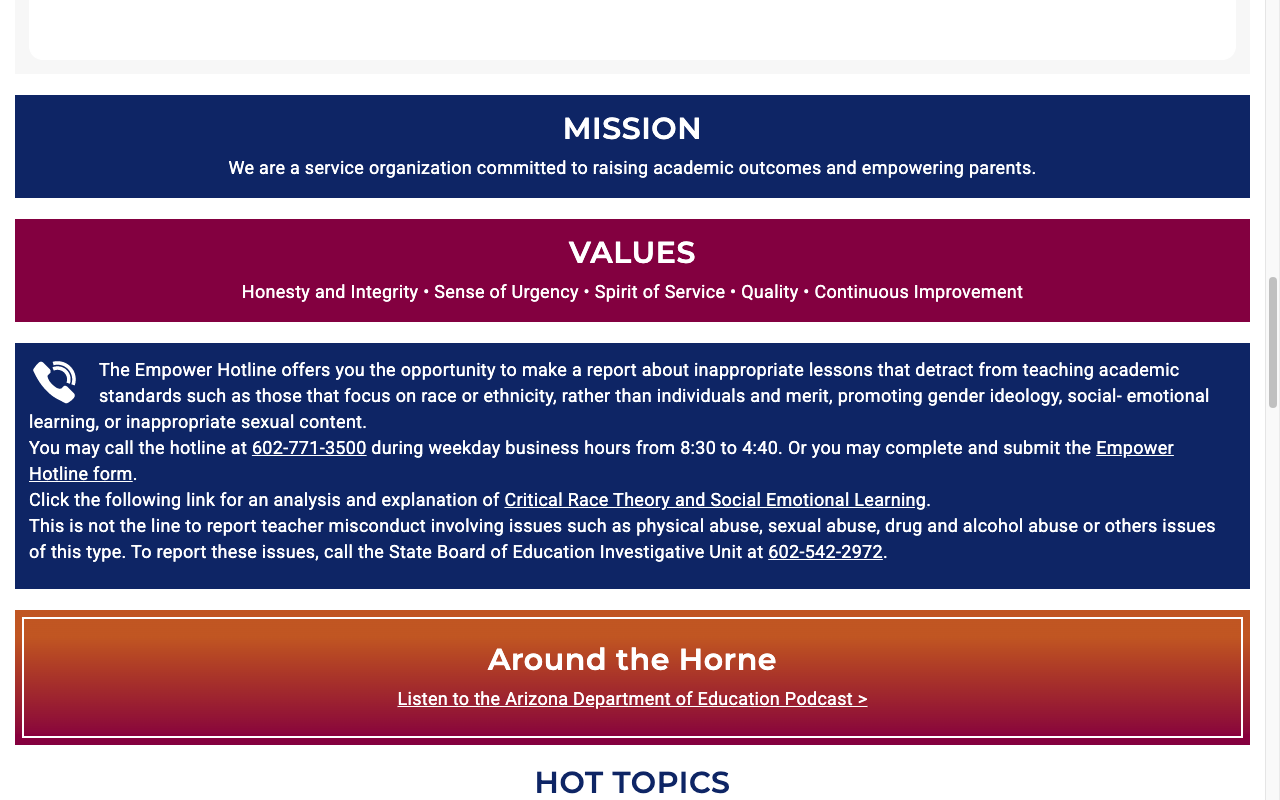 Screenshot: Empower Hotline and policy content on homepage