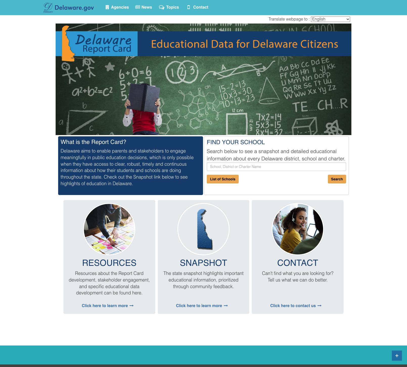 Screenshot: Delaware Report Card with school search and stakeholder engagement framing