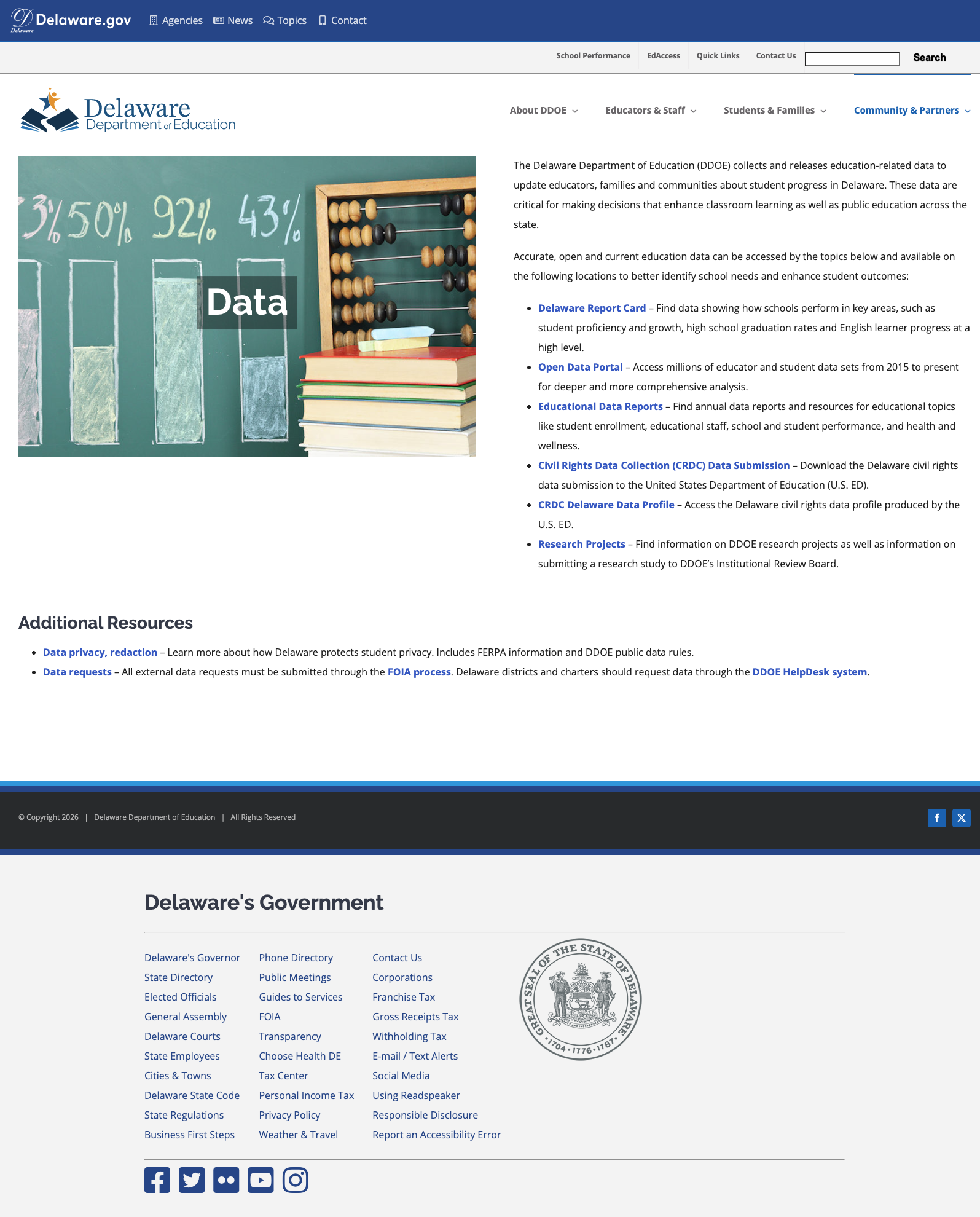 Screenshot: Data and Reporting hub with clear descriptions of each resource
