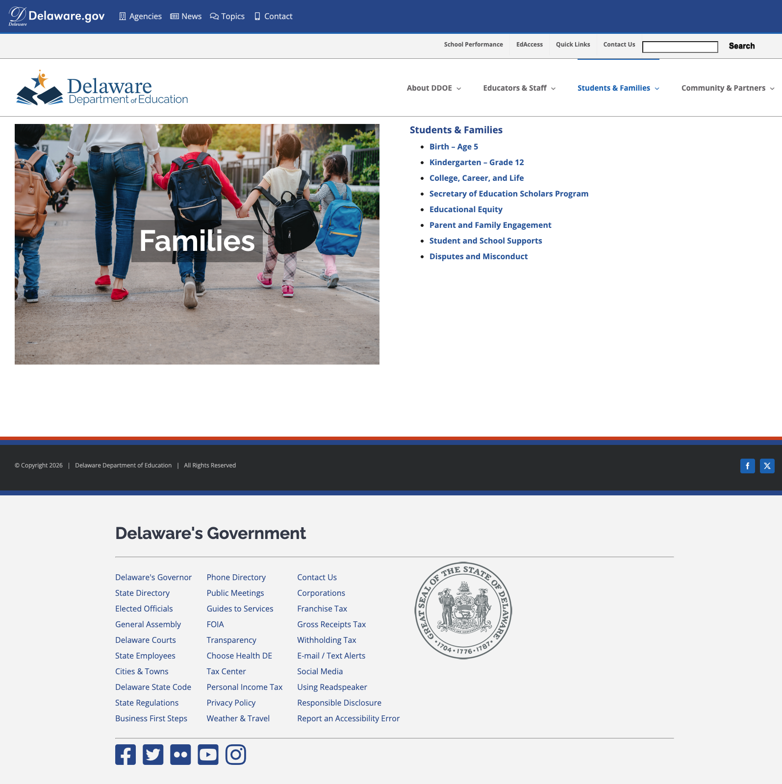 Screenshot: Students & Families page organized by life stage