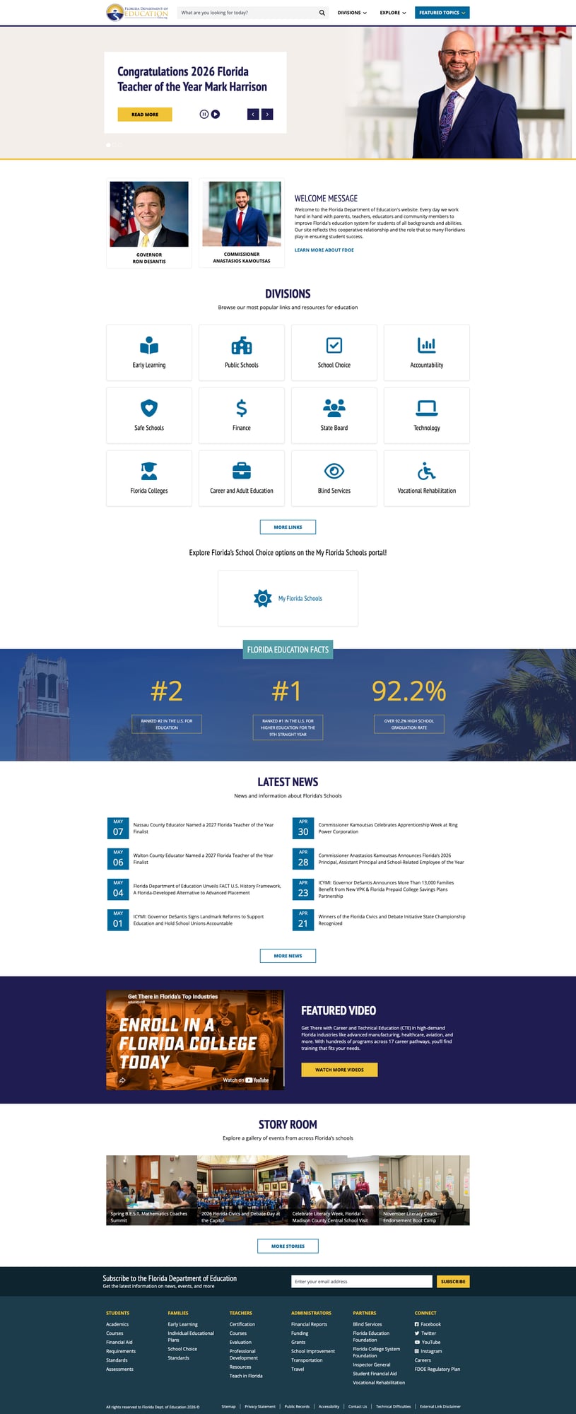 Screenshot: Florida DOE homepage with divisions grid, news ticker, and education facts