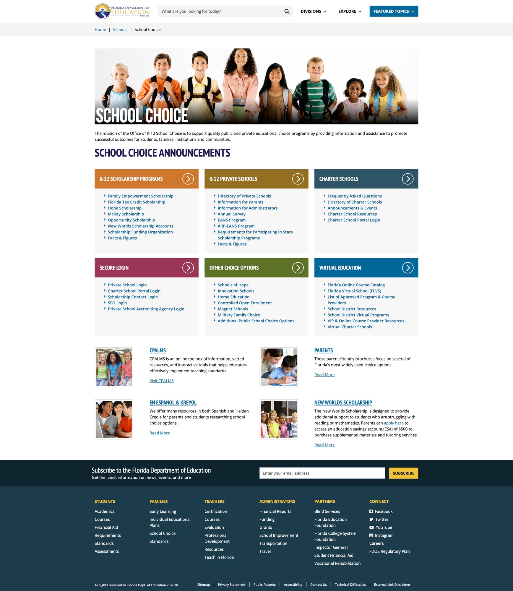 Screenshot: School Choice page with six organized categories