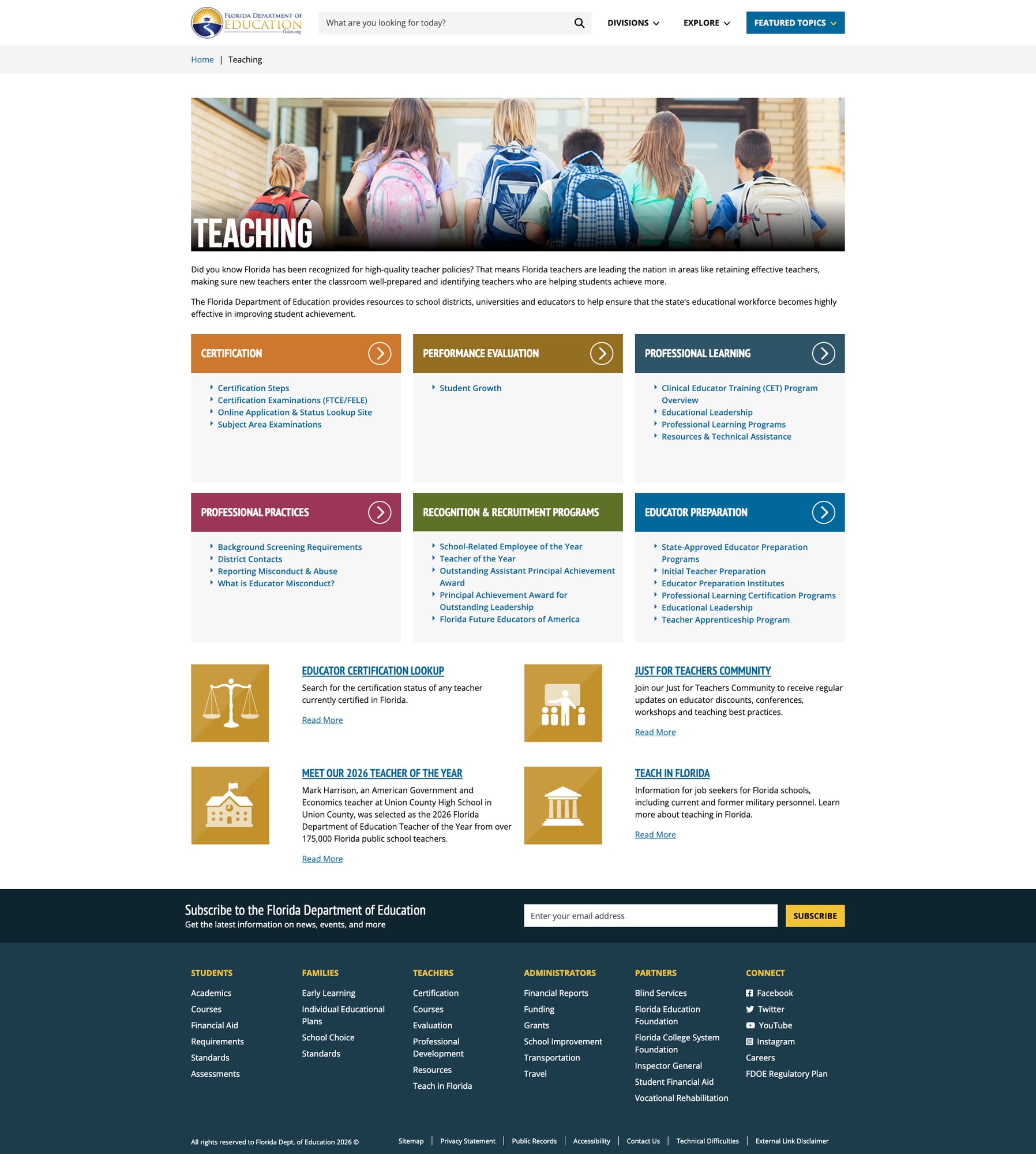 Screenshot: Teaching page with comprehensive educator resources