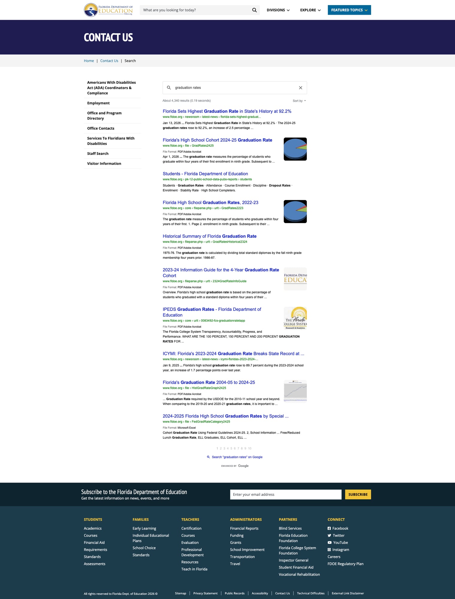 Screenshot: Search results for graduation rates showing relevant results
