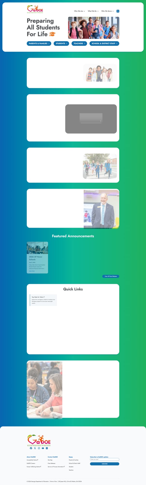 Screenshot: GaDOE homepage with vibrant gradient design and audience-organized navigation buttons