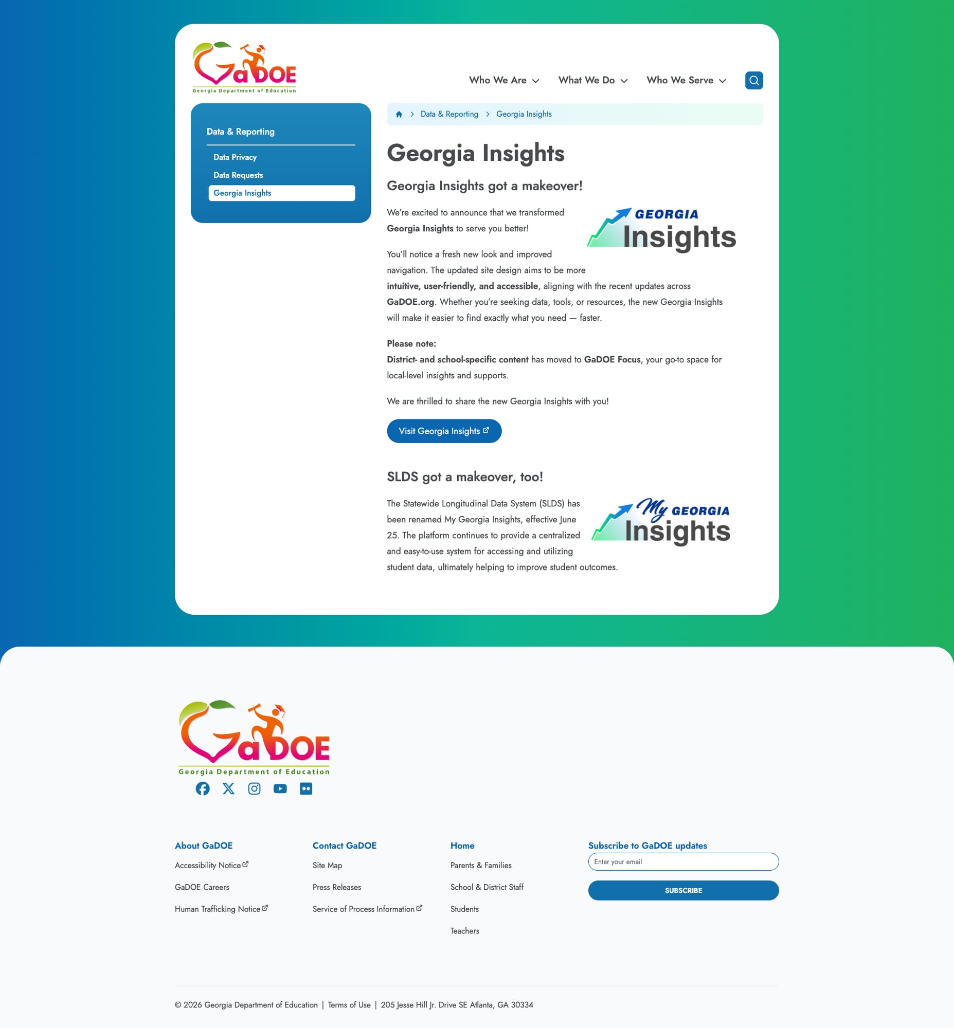 Screenshot: Georgia Insights page with new branding and My Georgia Insights SLDS makeover