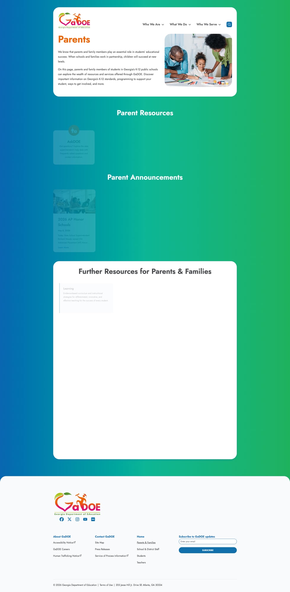 Screenshot: Parents landing page with tailored resources and AskDOE helpdesk card