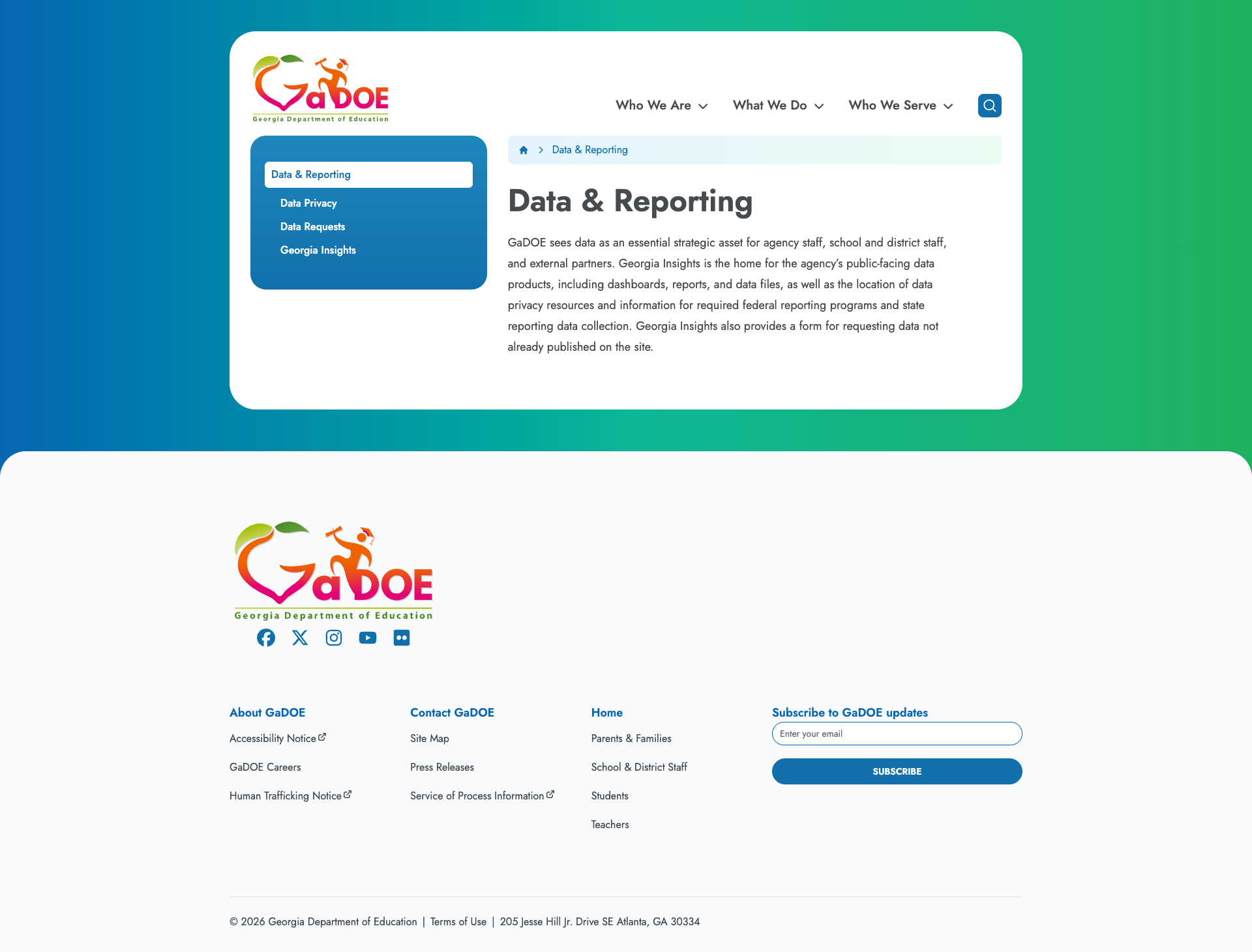 Screenshot: Data & Reporting page with clean sidebar navigation to Georgia Insights