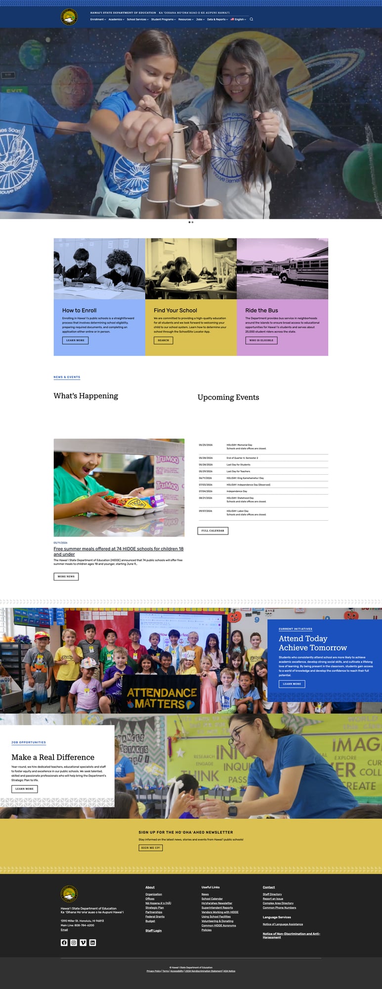 Homepage screenshot showing hero slider and action cards