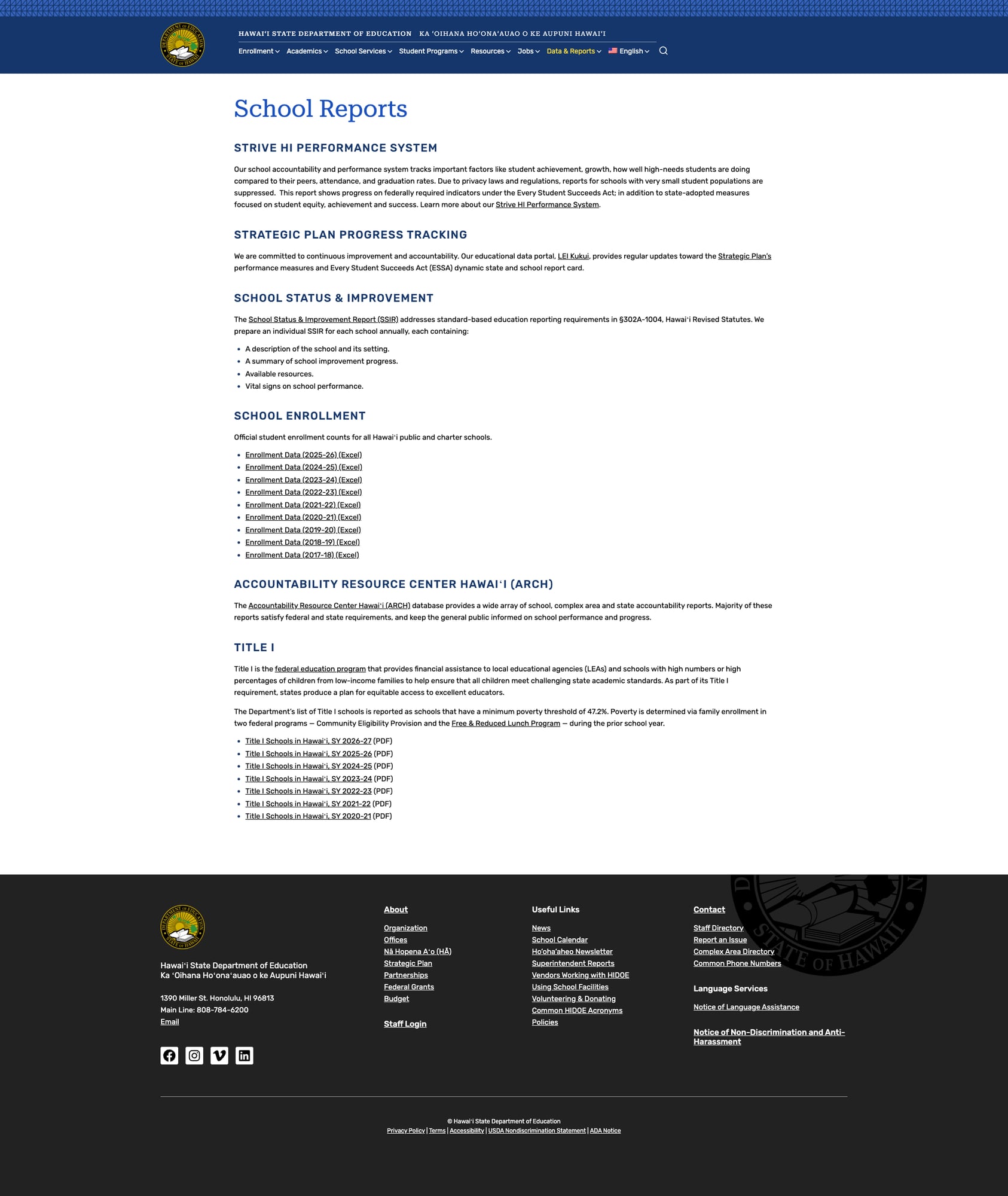 School Reports page with enrollment data and accountability sections