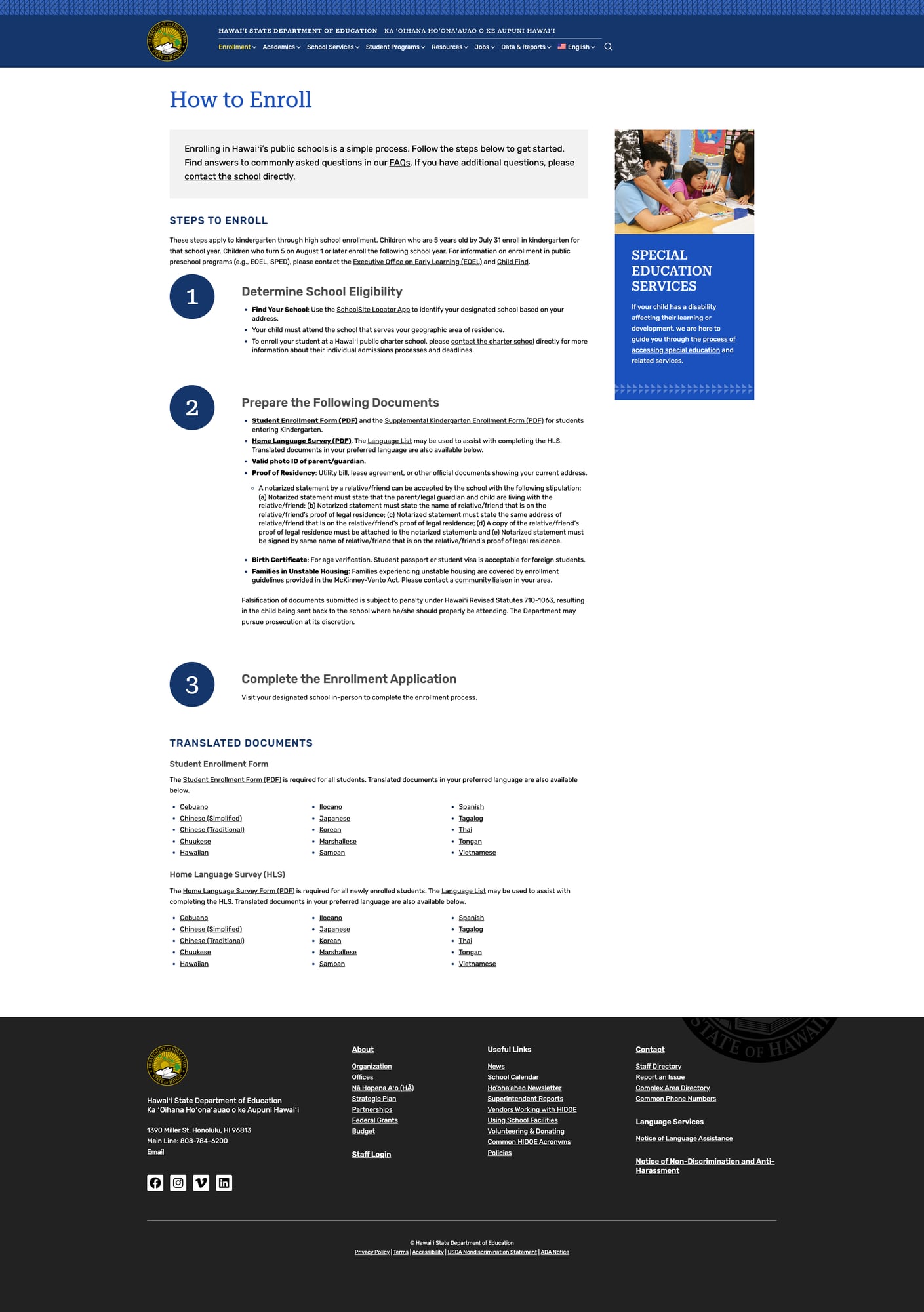 How to Enroll page with numbered steps and translated documents