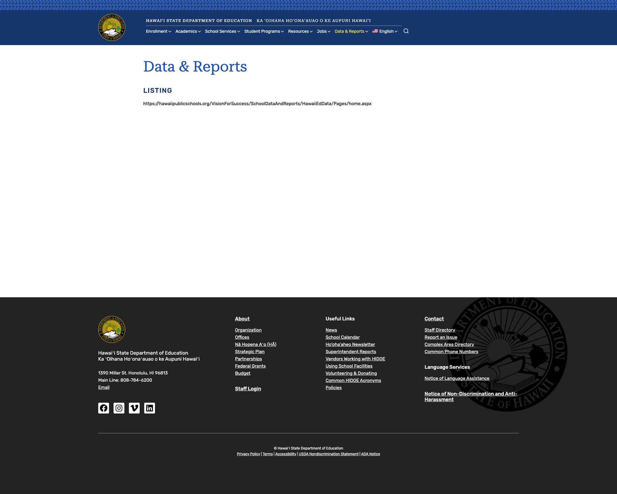 Data & Reports landing page showing only a raw legacy URL
