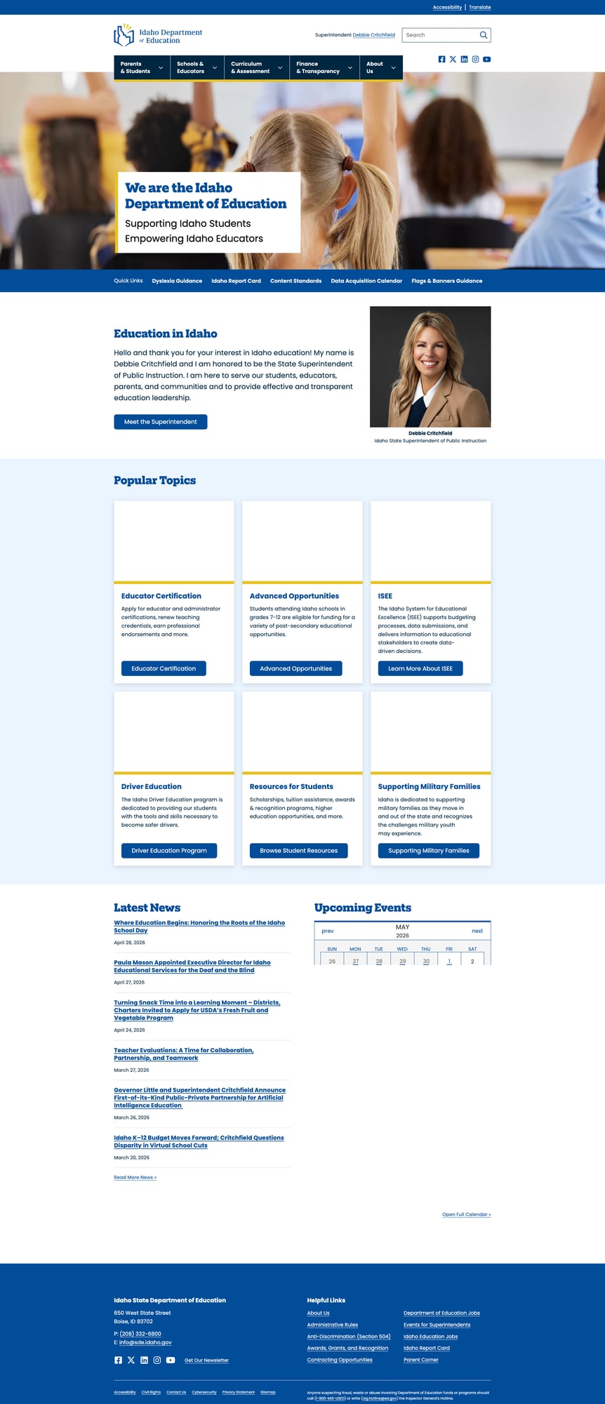 Idaho Department of Education homepage showing clean design with hero image, superintendent message, and Popular Topics cards