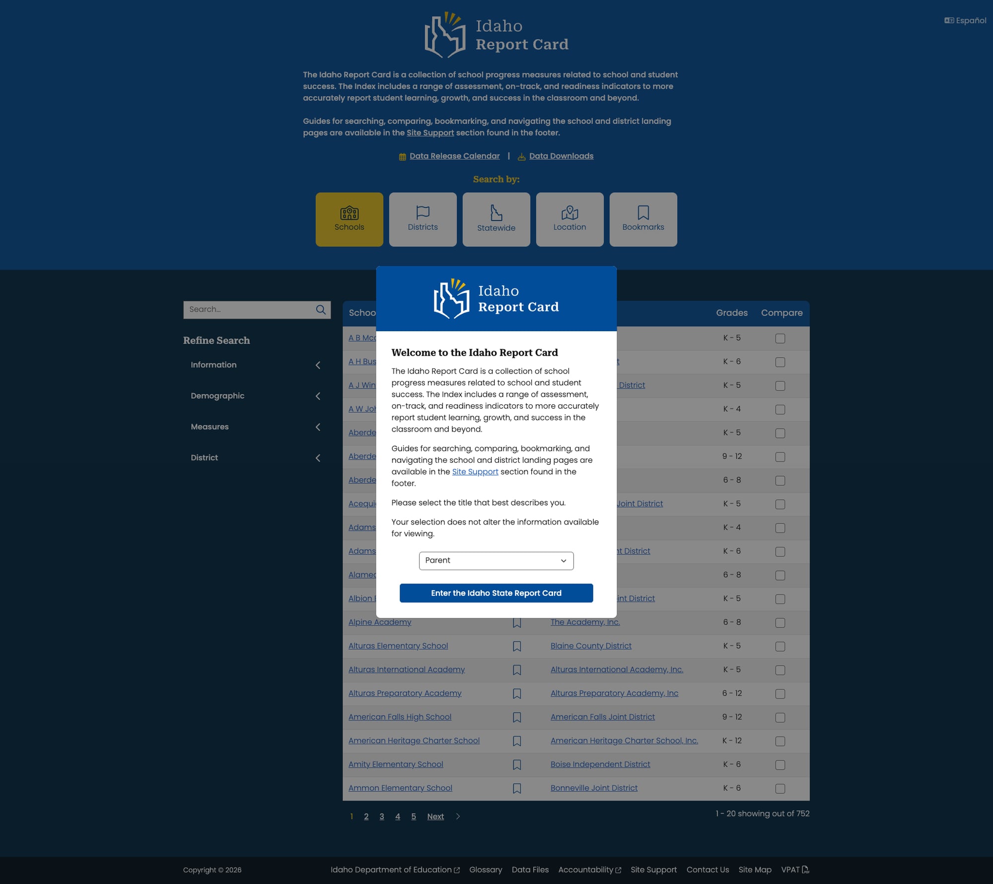 Idaho Report Card at idahoreportcard.org showing search interface with school/district/statewide filters and welcome dialog