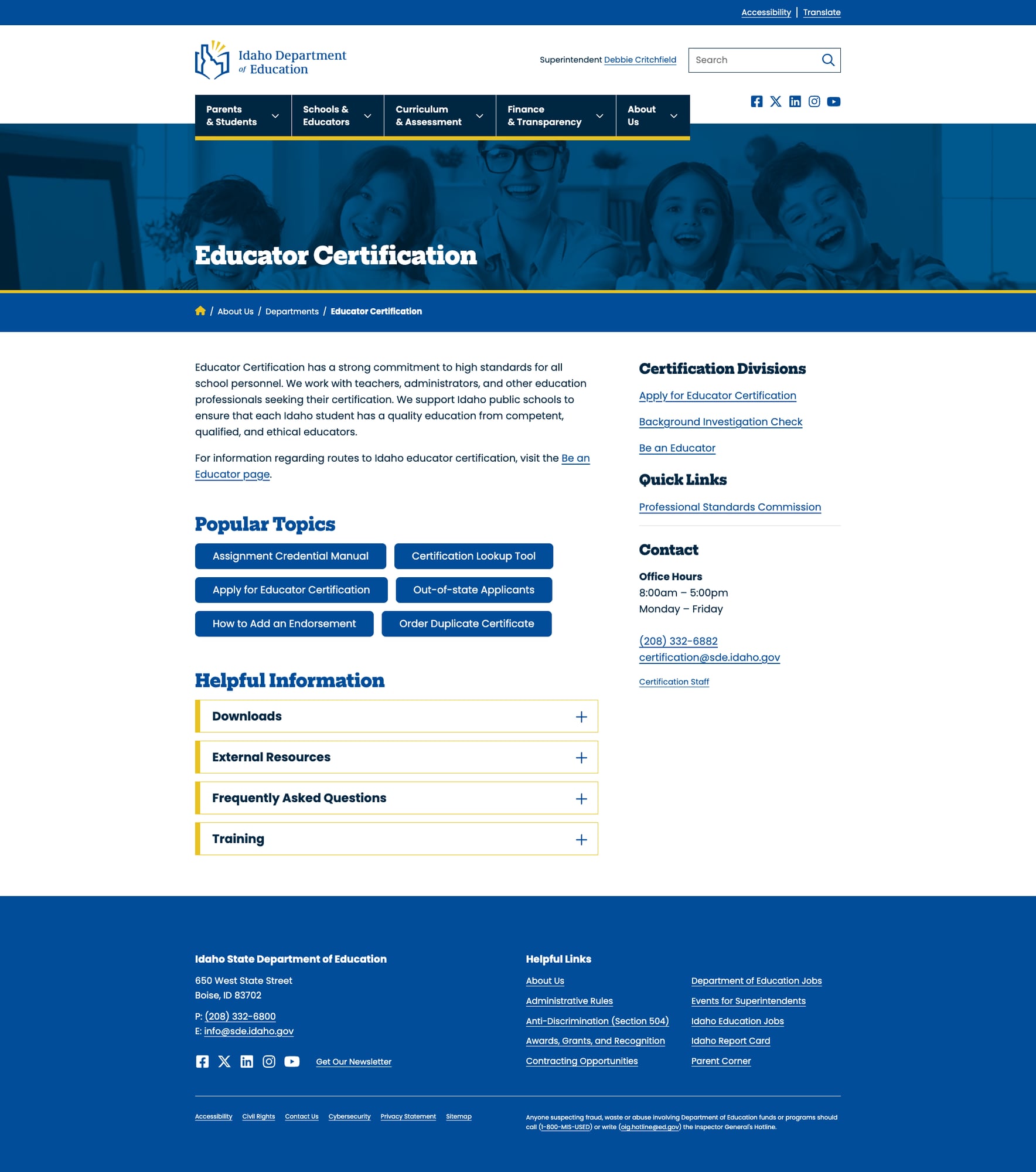 Educator Certification page showing detailed content about certification types, renewal, and endorsements