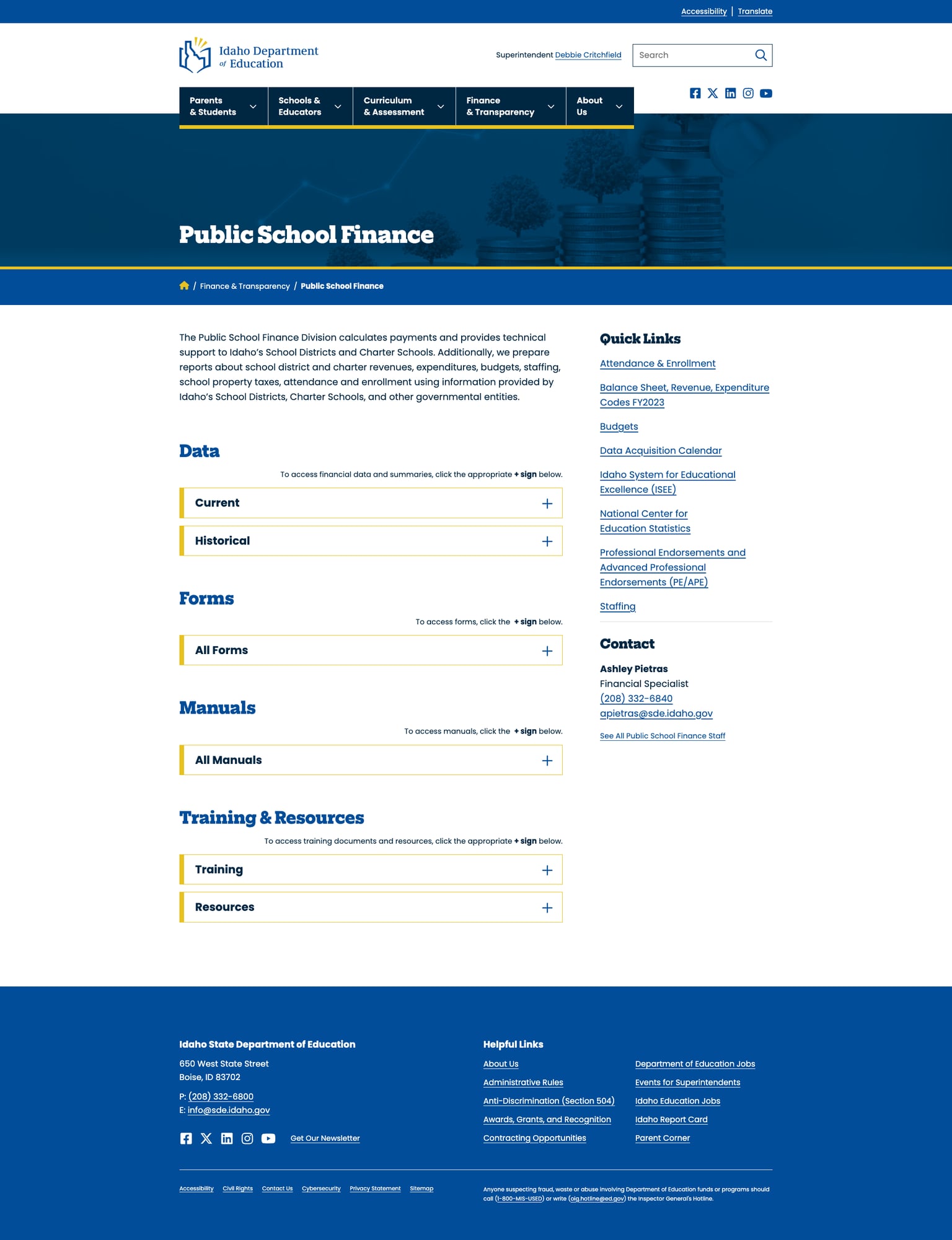 Public School Finance page showing financial data and resources buried behind an empty landing page