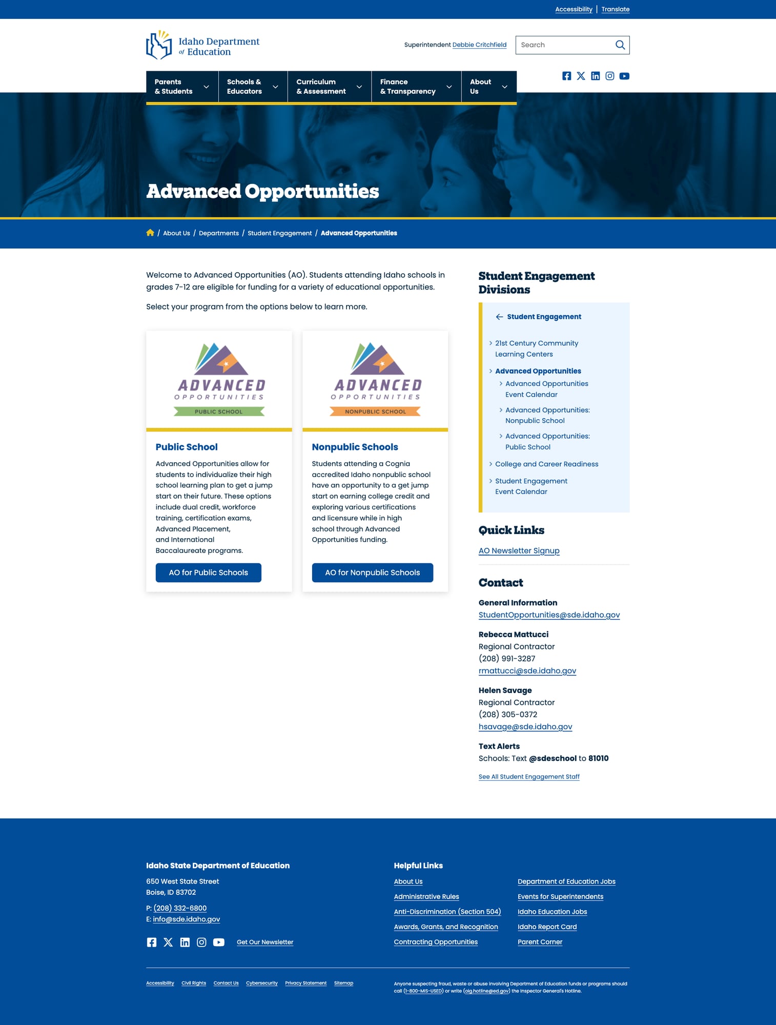 Advanced Opportunities page with detailed program information for student post-secondary funding