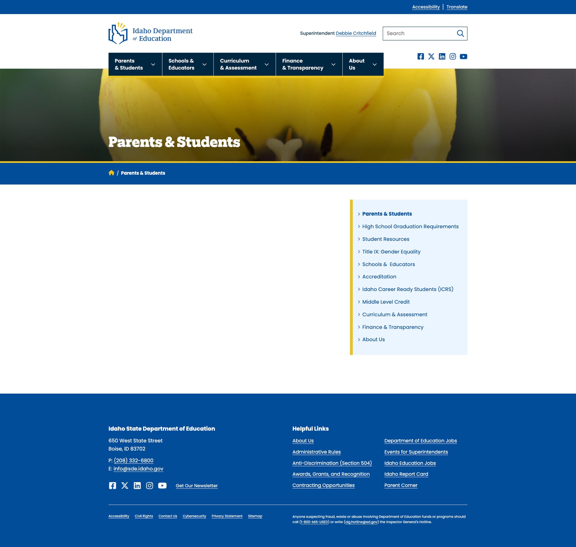 Parents & Students page with sidebar navigation but completely empty main content area