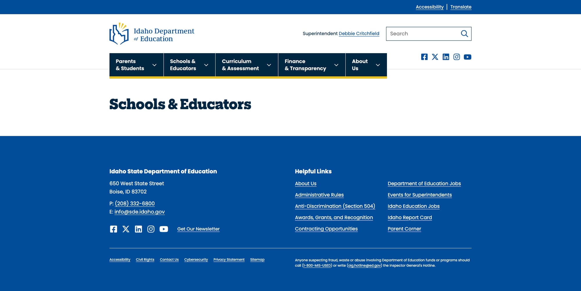 Schools & Educators landing page showing only a title and footer with no content
