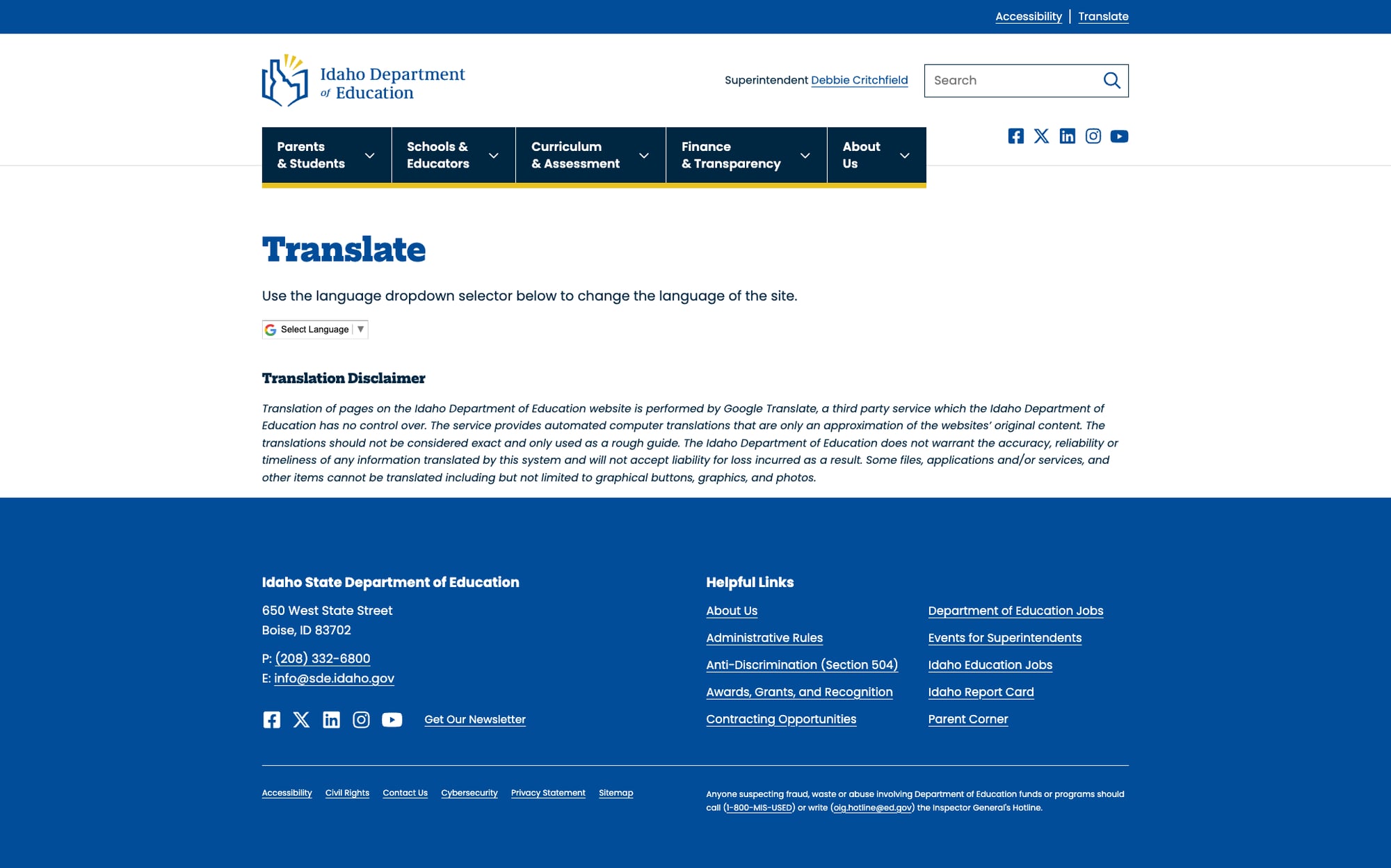 Translate page showing Google Translate links to 9 languages — functional but requires separate page navigation