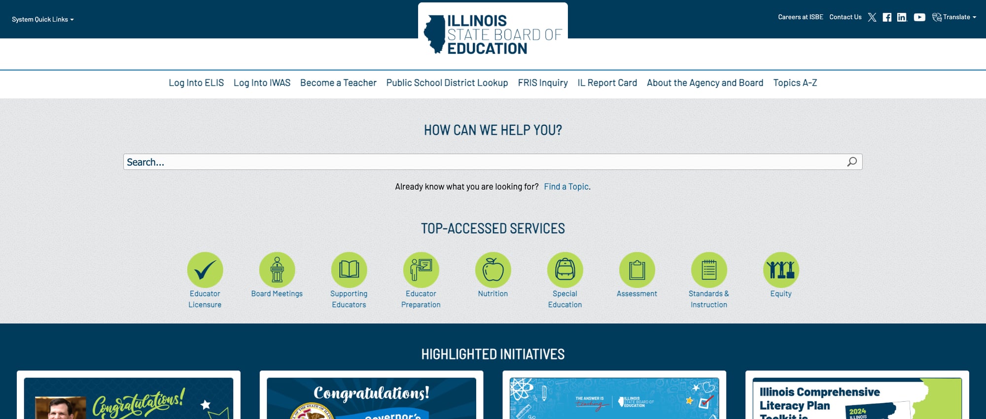 Screenshot: ISBE homepage with search and top-accessed services