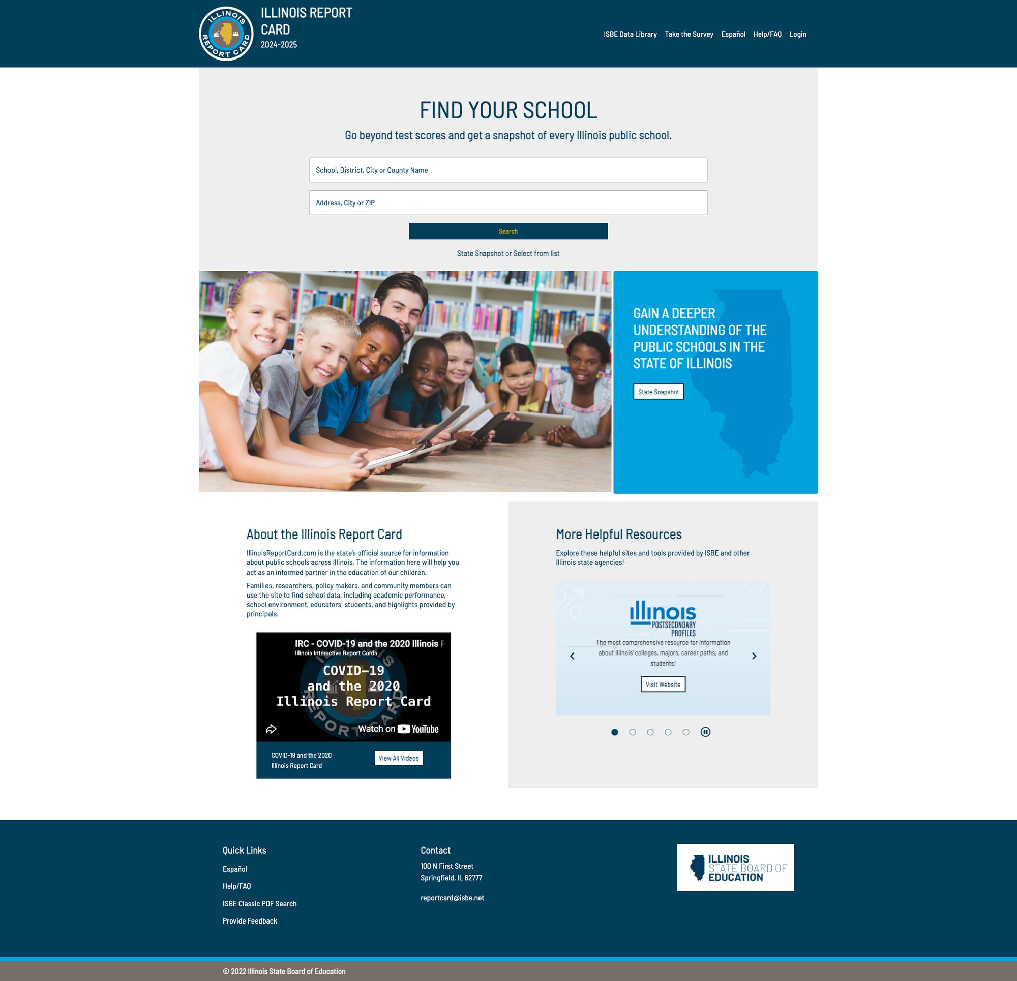 Screenshot: Illinois Interactive Report Card homepage with school search