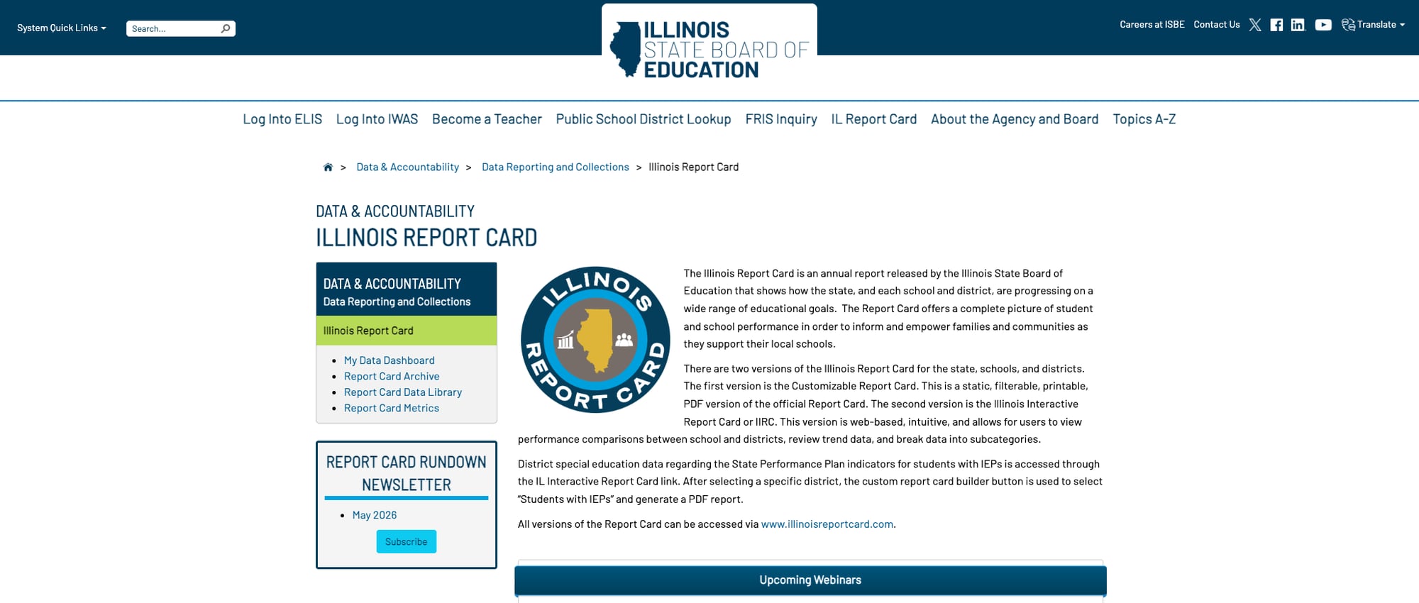 Screenshot: IL Report Card landing page with data ecosystem links