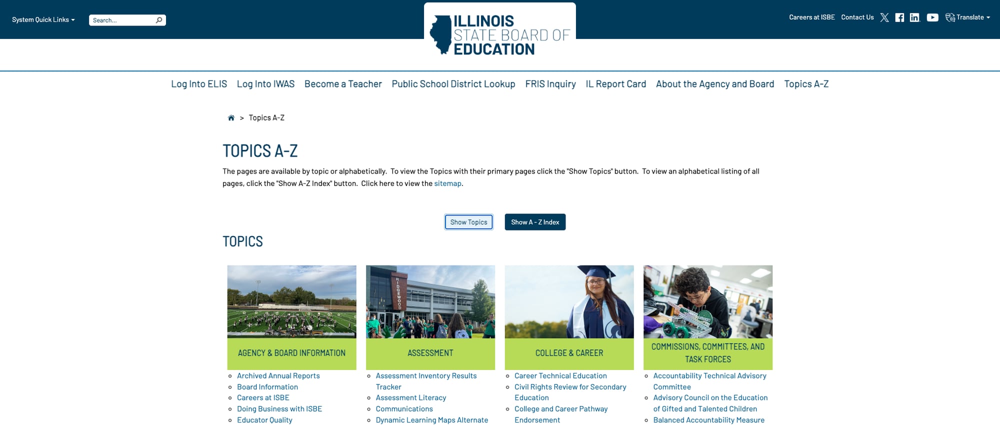 Screenshot: Topics A-Z page with topic cards and alphabetical index
