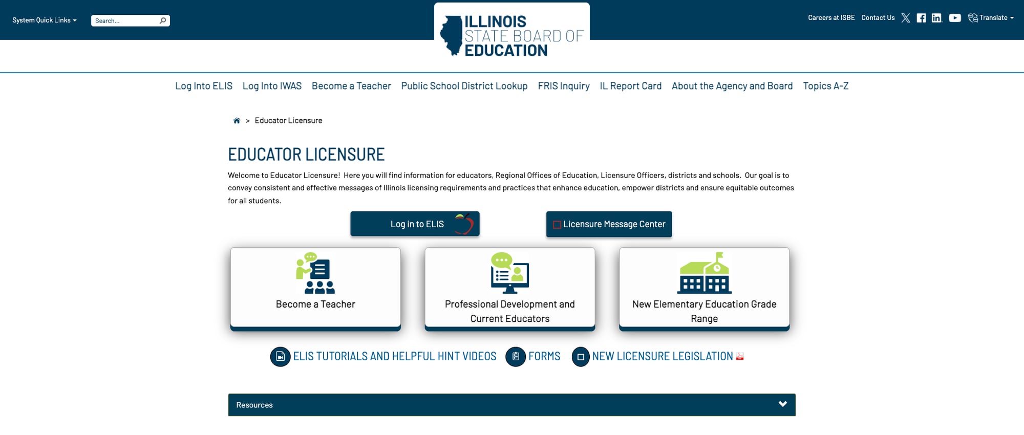 Screenshot: Educator Licensure hub with action cards