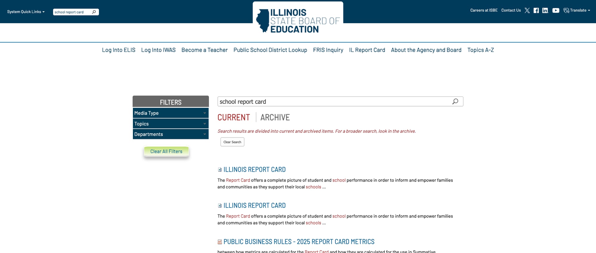 Screenshot: Search results with filters for Media Type, Topics, and Departments