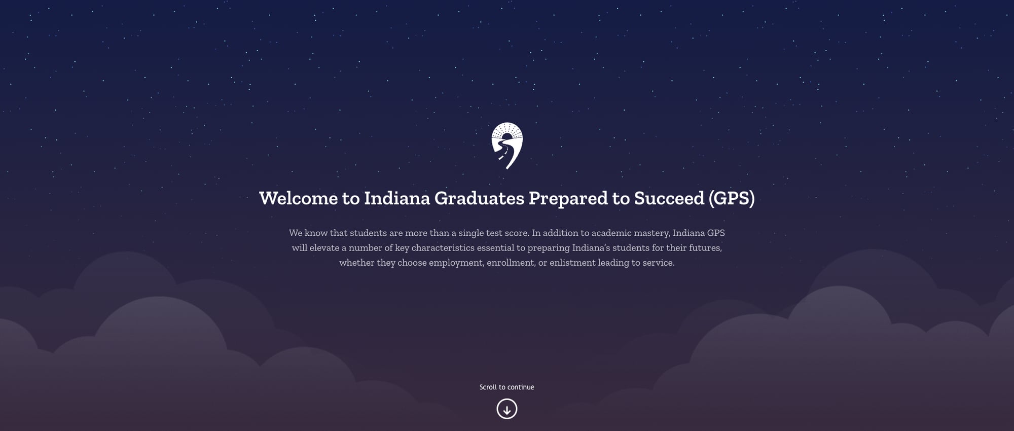 Screenshot: Indiana GPS welcome page with modern design