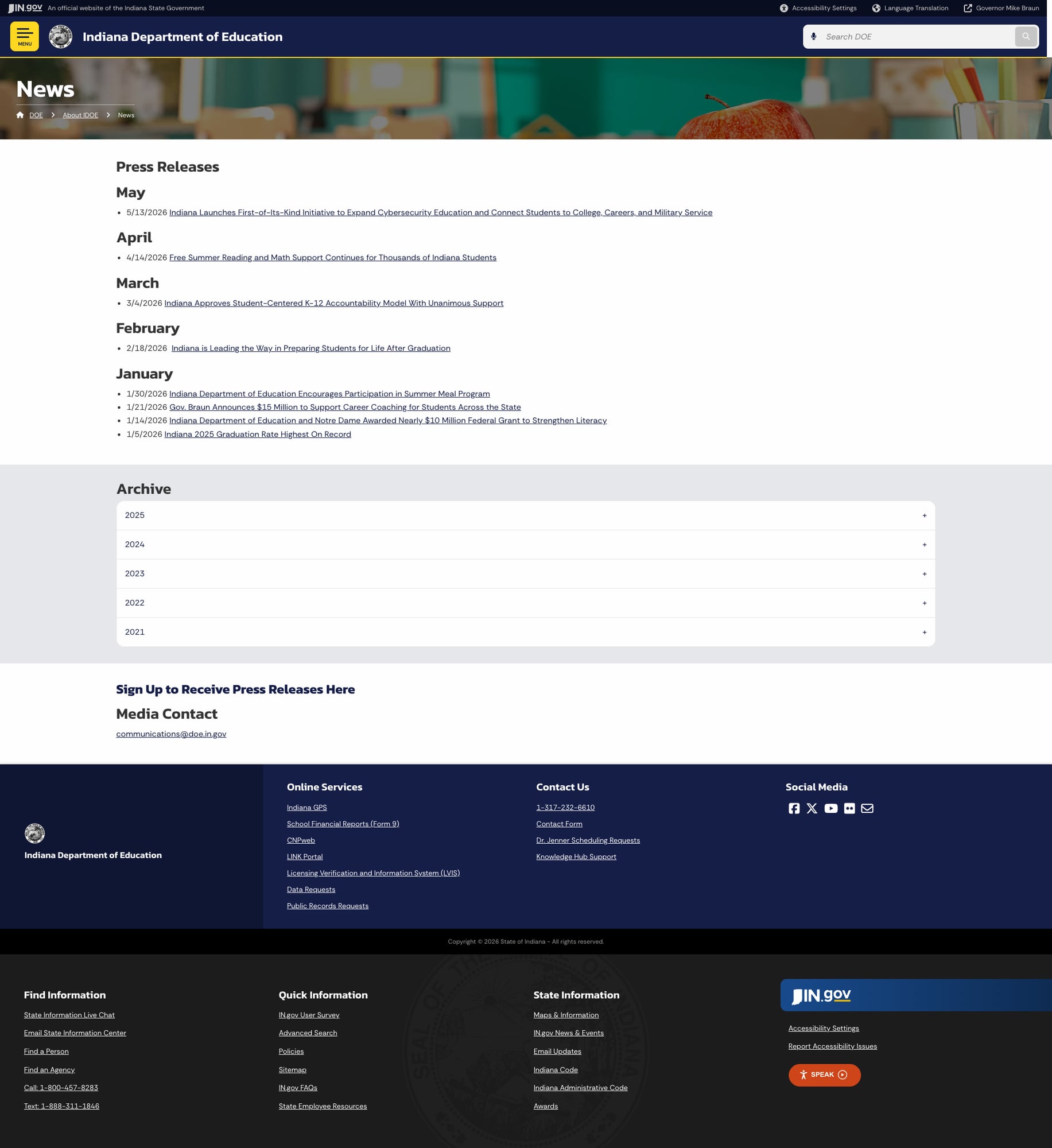 Screenshot: News page with current 2026 press releases